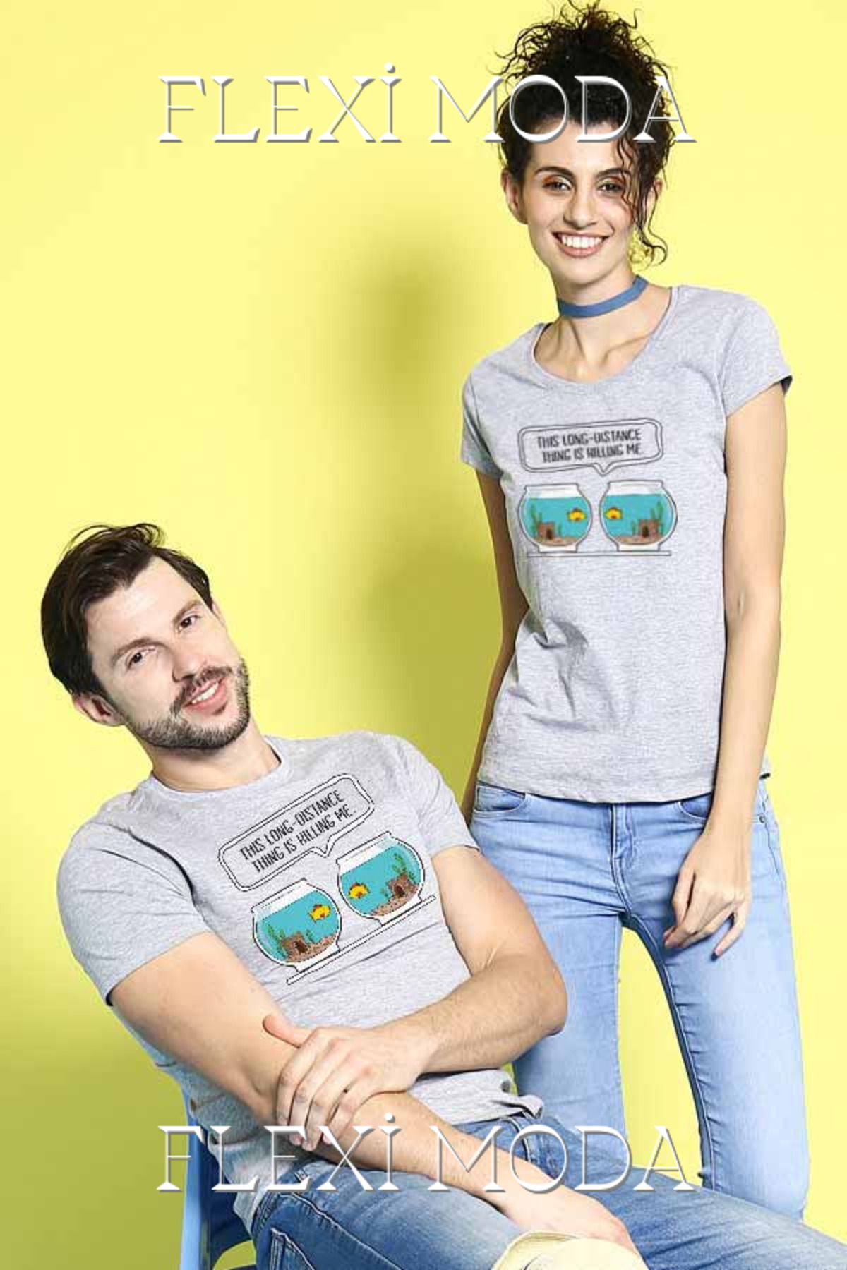 Hunors Sportswear & Company This Long Distance Temalı Sevgili Çift Kombini Oversize 2'li Tişört