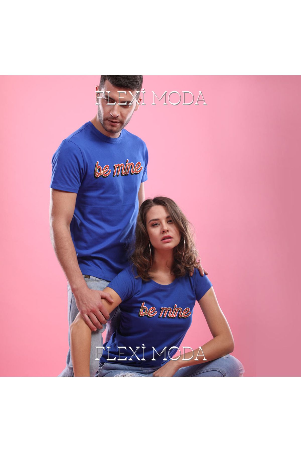 Hunors Sportswear & Company Be Mine Please! (Blue), Couples Yazılı Sevgili Çift Kombini Oversize 2'li Tişört