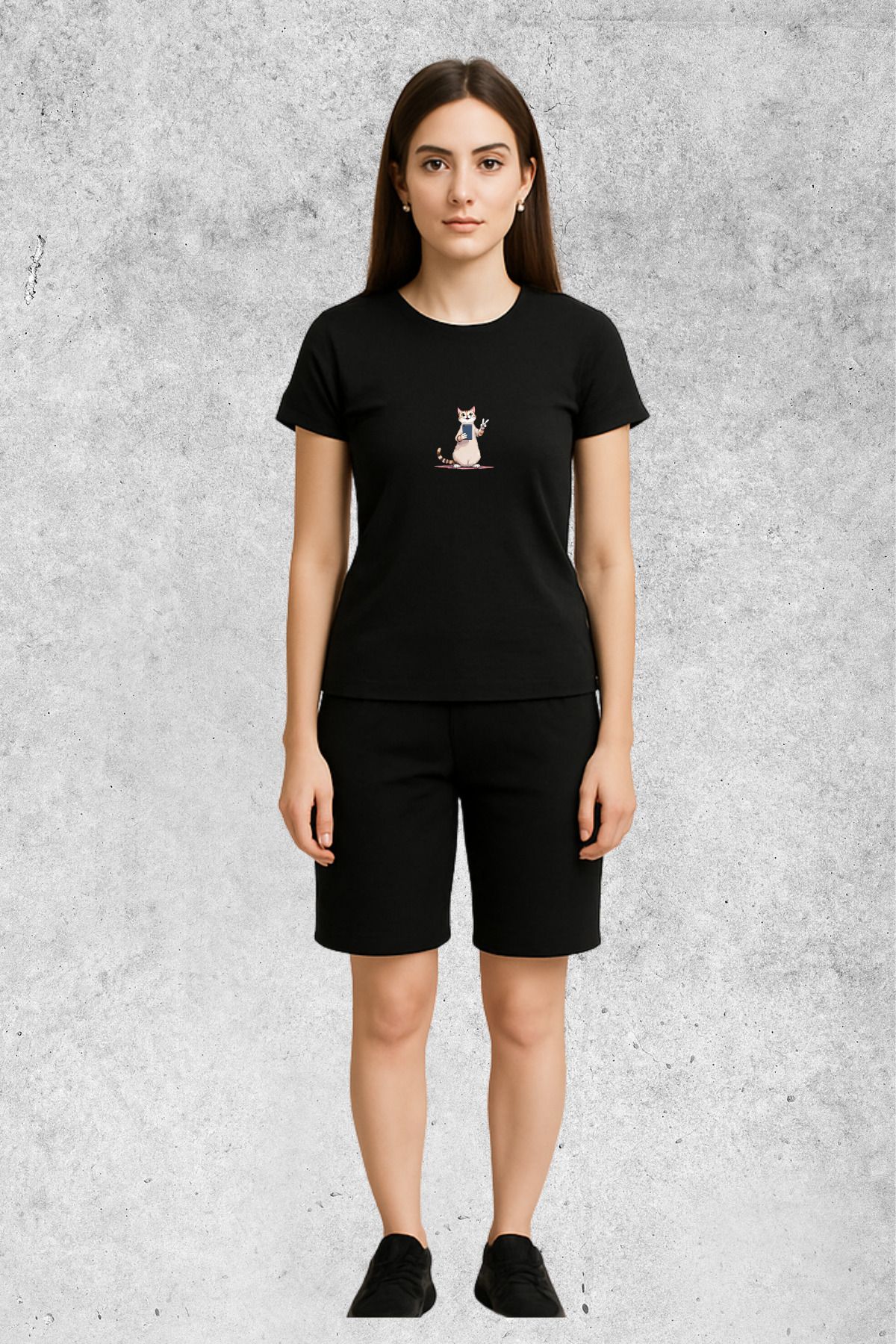 MOLICO Basic unisex sıfır yaka kısa kollu TELEFONLU KEDİ baskılı tshirt