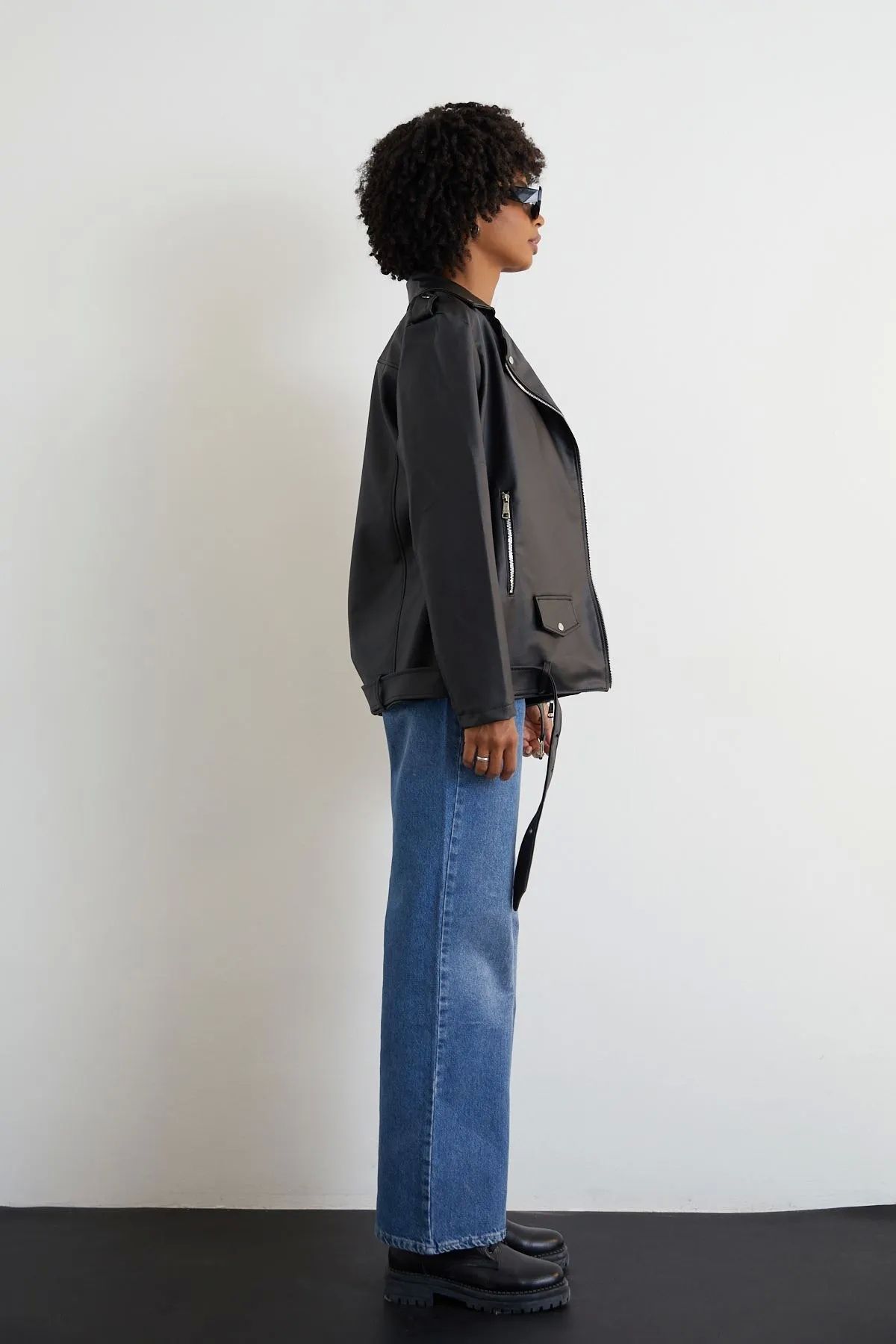 GENCULUS Uzun Deri Ceket Kadın Oversize Kesim Kemerli Model