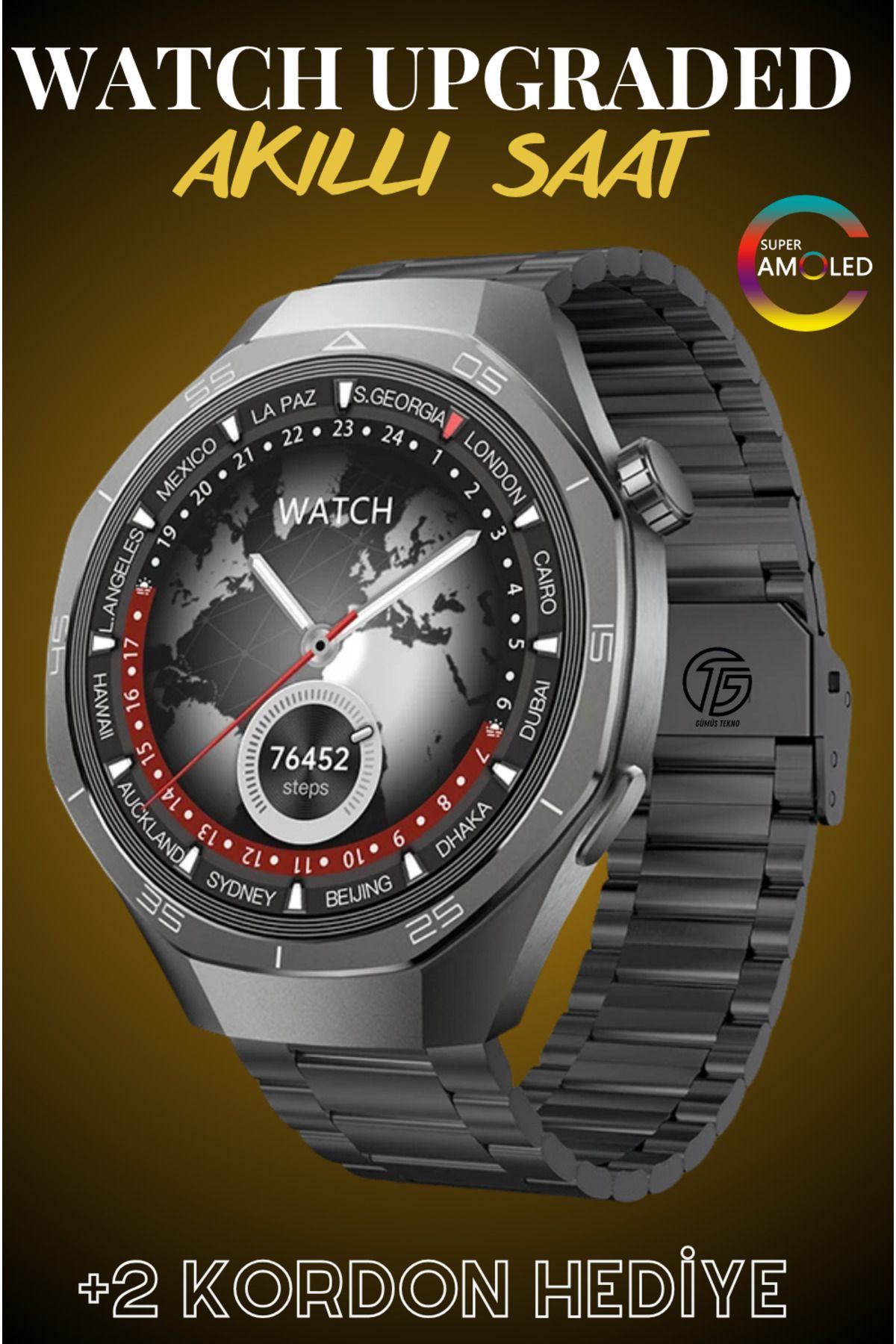 GÜMÜŞTEKNO Watch 40 Upgraded Akıllı Saat Amoled Ekran 3 Kordon Arama Bildirimler Yuvarlak Kasa Erkek Kol Saati