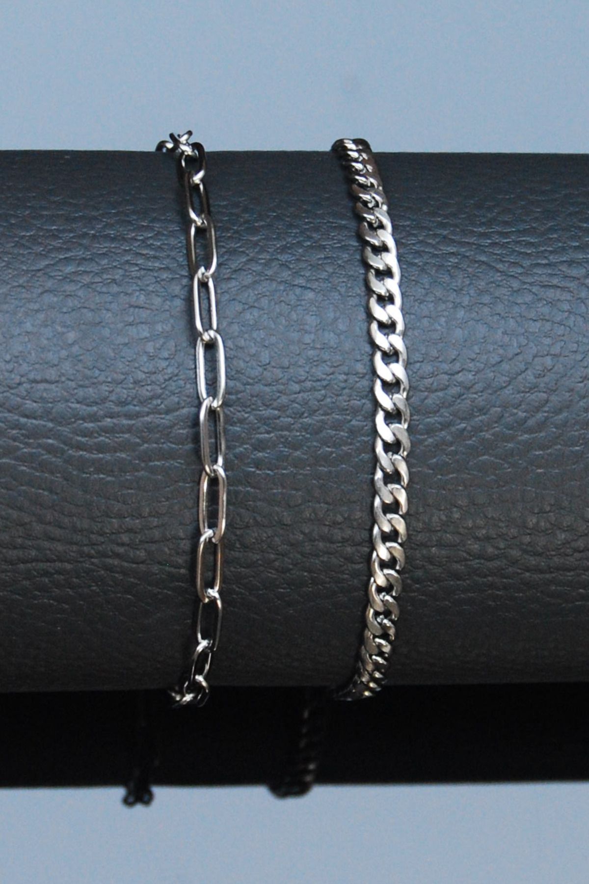 Rua Jewelry Gurmet-Ataş-Model Zincir Paslanmaz Çelik Bileklik 2'li Set Gümüş Renk-21 cm-2 YIL GARANTİ