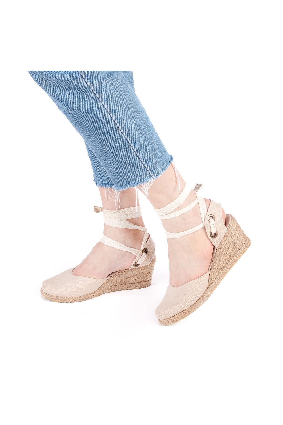 Star Tombis Gerçek Elişi Arkası Açık Geniş Ipli Dolgu Topuk Keten Kadın Espadril Handmade