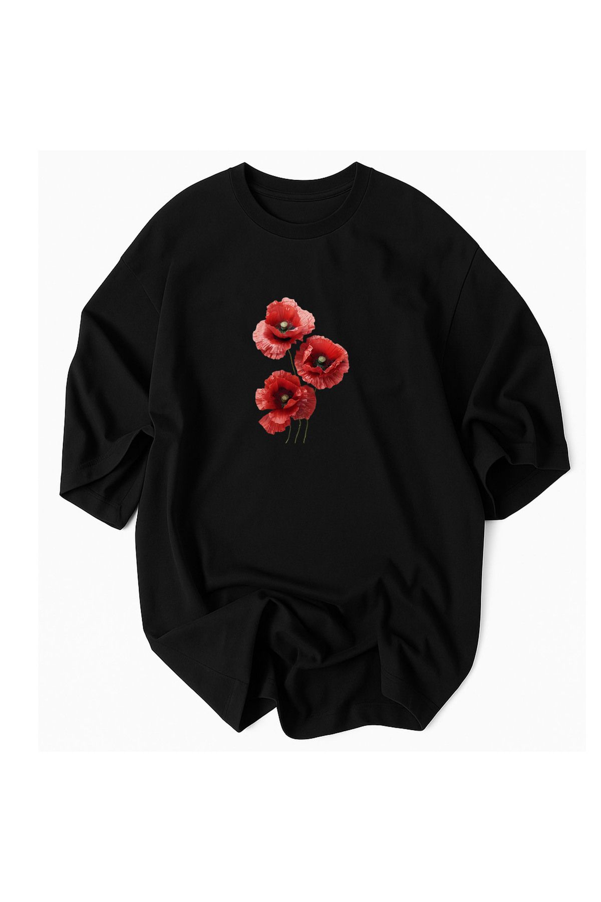 Advantage Kod Advantage Kırmızı Gelincik Desenli Oversize %100 Pamuk- Advantage Premium Tshirt