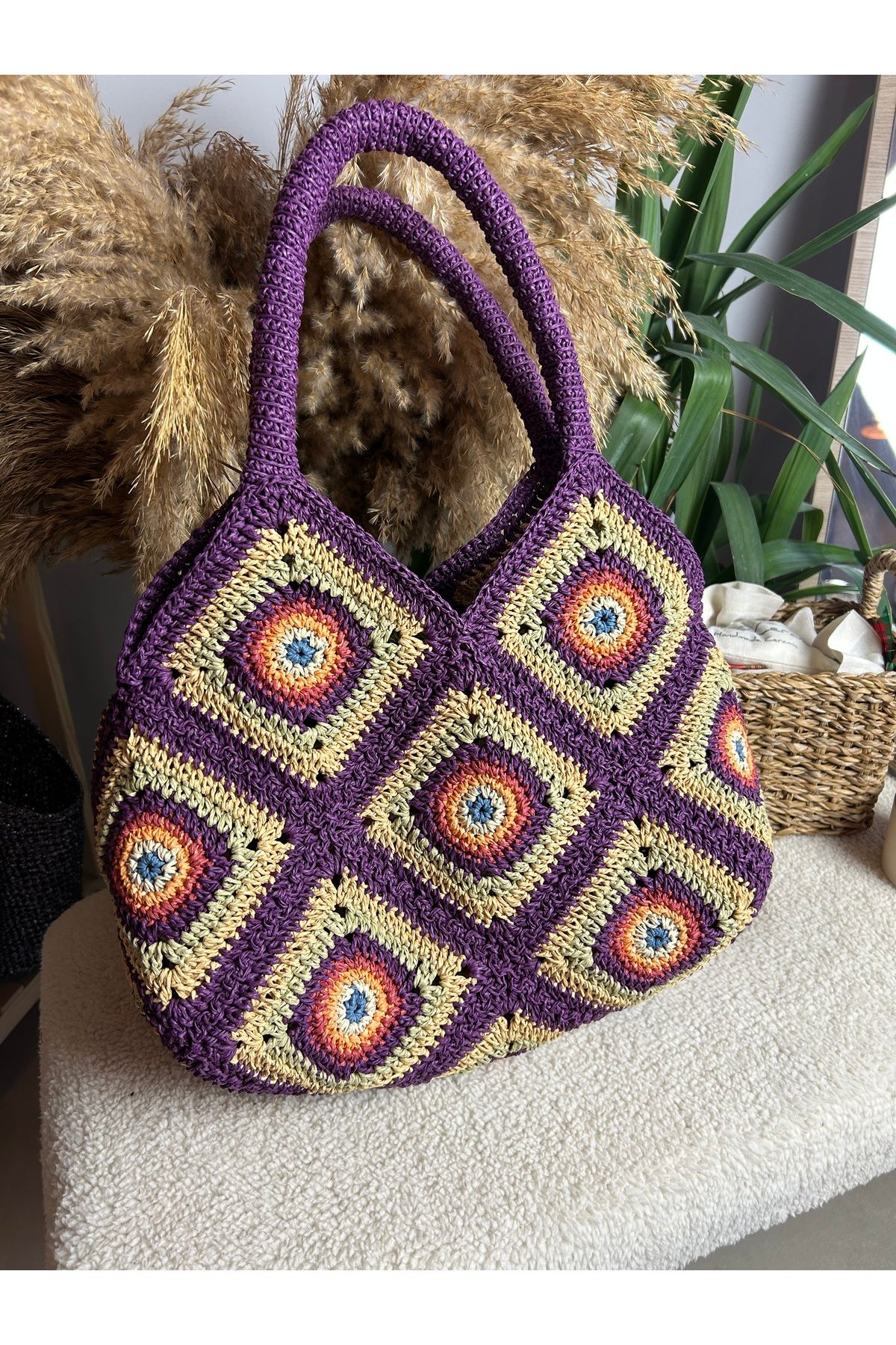Loxie Design El Yapımı Motifli Hasır Çanta-Kol Çantası
