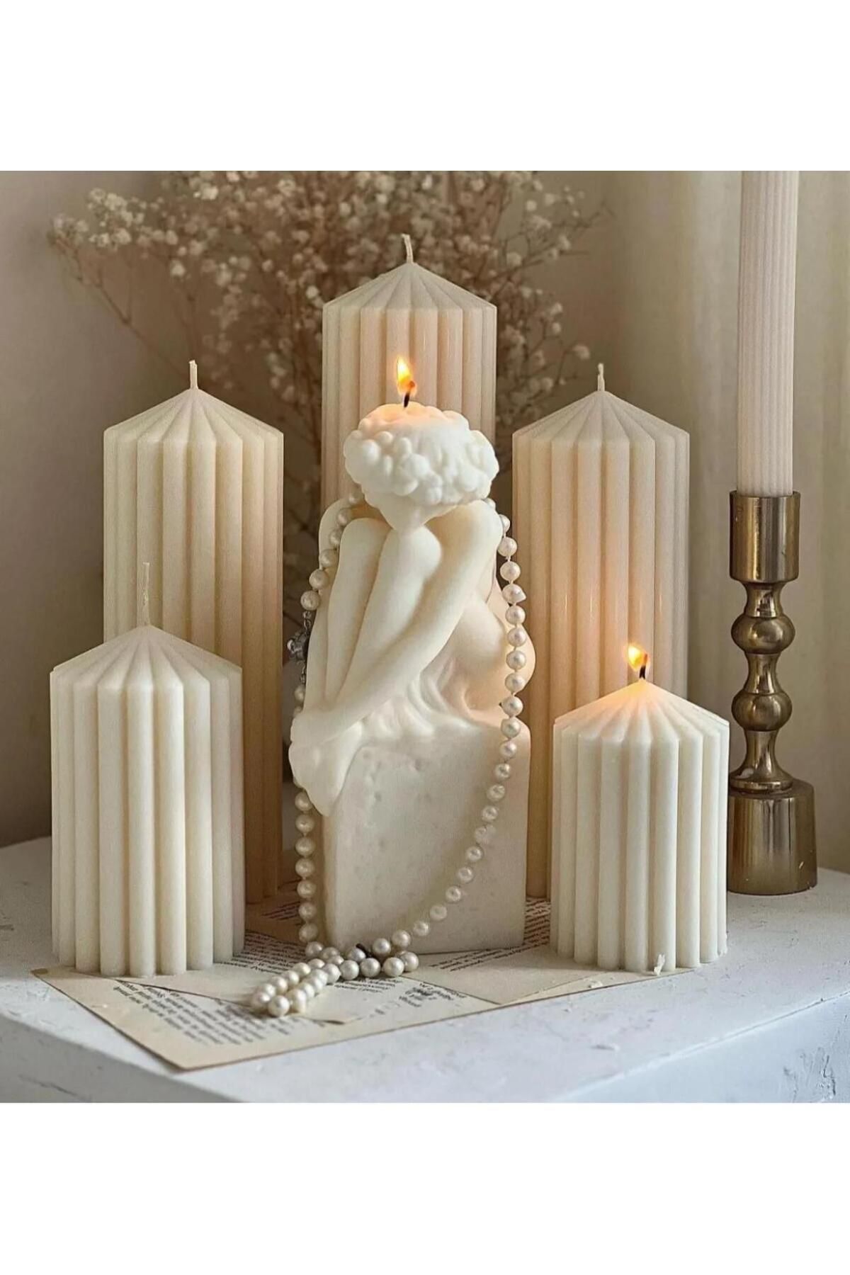 SCA CANDLE Dekoratif mum Taş üstünde oturan kadın +çokgen mum 20 +15 +10 toplam 6 parça