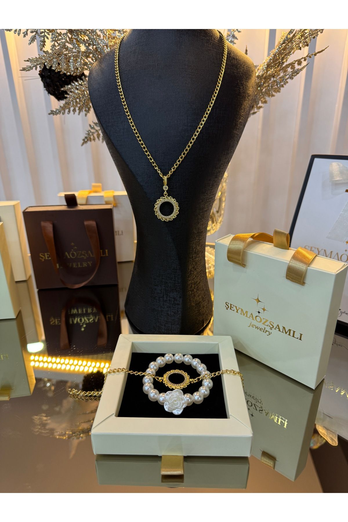 Şeyma ÖZŞAMLI GÜNEŞ MODEL ALTN KAPLAMA ÇELİK ZİNCİR ÇEYREK ÇERÇEVE SET ( gül inci bileklik hediye )