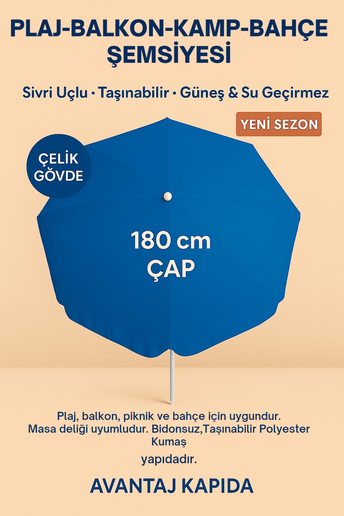 Avantaj Kapıda Plaj Bahçe Balkon Kamp Şemsiyesi 180 cm Güneş Geçirmez Polyester Kumaş Çelik Gövde Mavi