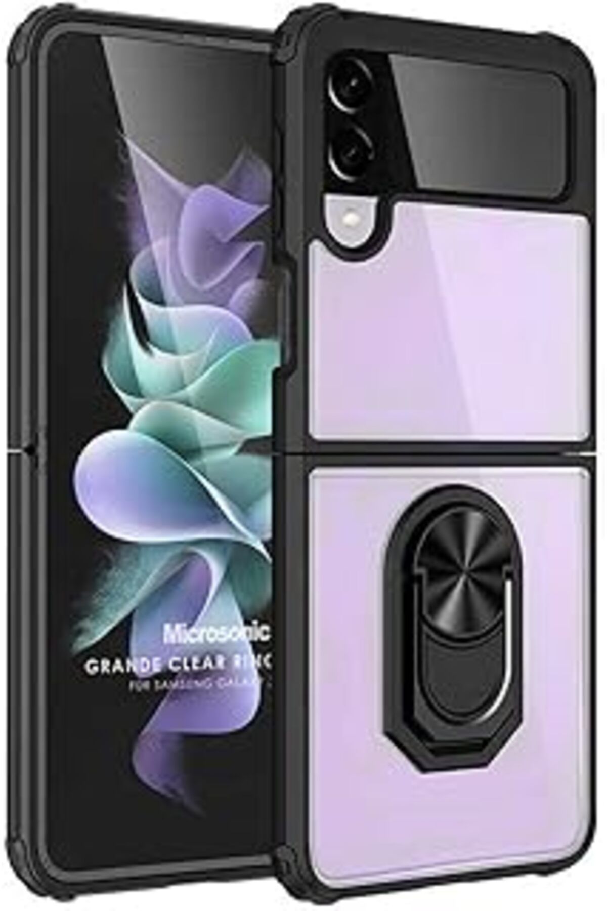 Pazarcan Microsonic Samsung Galaxy Z Flip 4 Için Kılıf Grande Clear Ring Holder Siyah [Galaxy Z Flip 4 Ile U