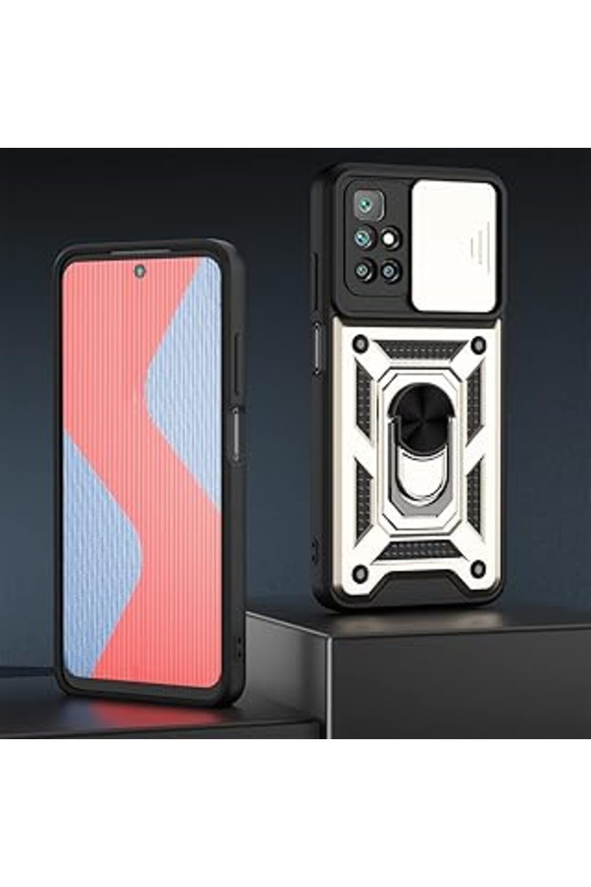 Pazarcan Nevarium Xiaomi Redmi Note 11 Uyumlu Kılıf Lens Sürgülü Yüzüklü Tank Silikon Pars