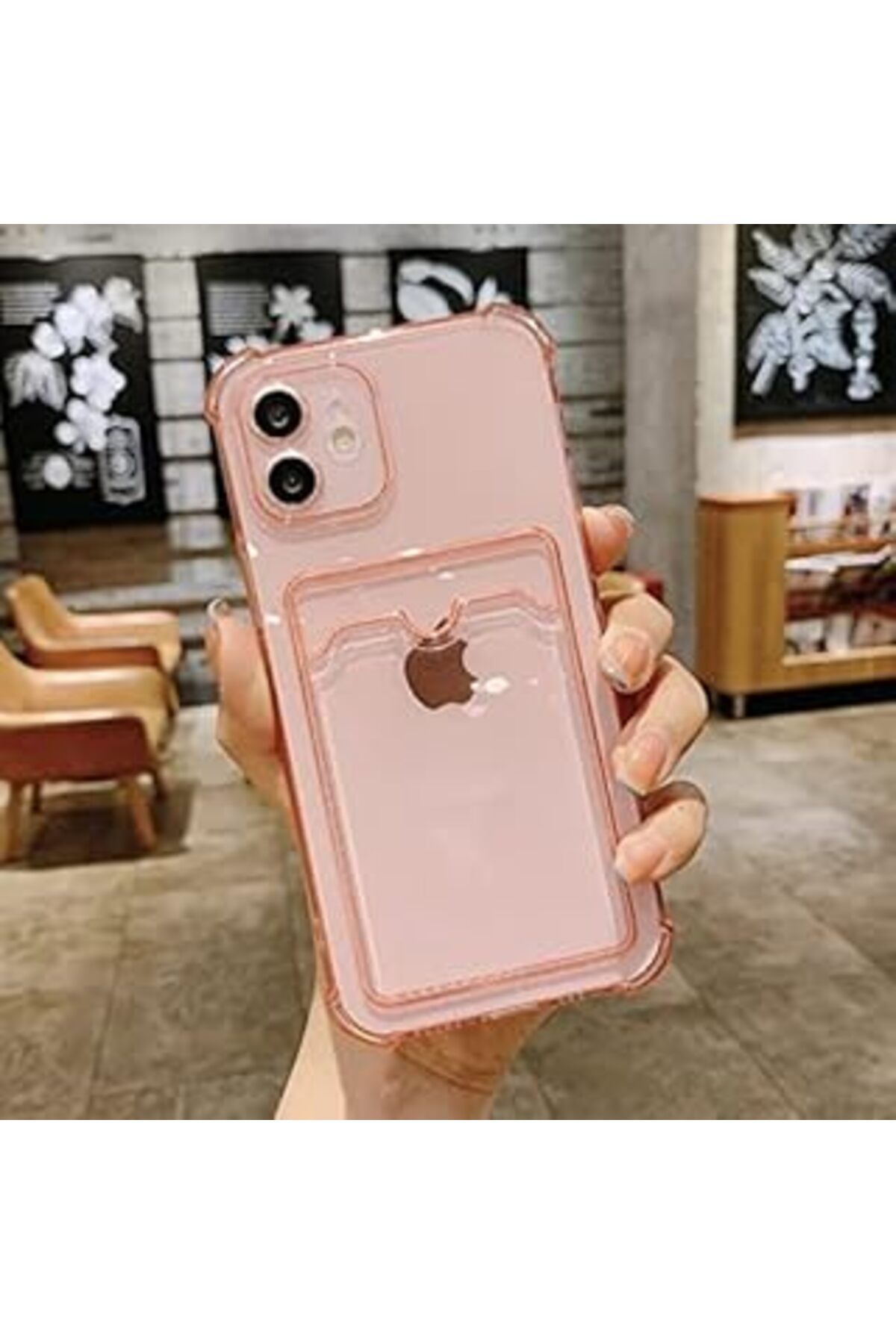 Karachil Byconners Iphone 12 Uyumlu Lüx Kartlıklı Şeffaf Telefon Kılıfı (Pembe)