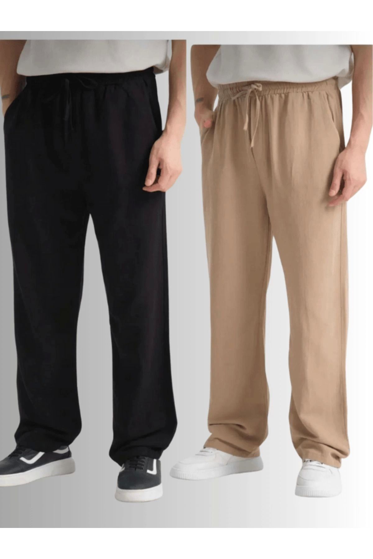 LC Waikiki LCWAIKIKI 2'li Avantaj Paket Yeni Sezon Beli Lastikli Bol Paça Baggy Erkek Keten Yazlık Pantolon