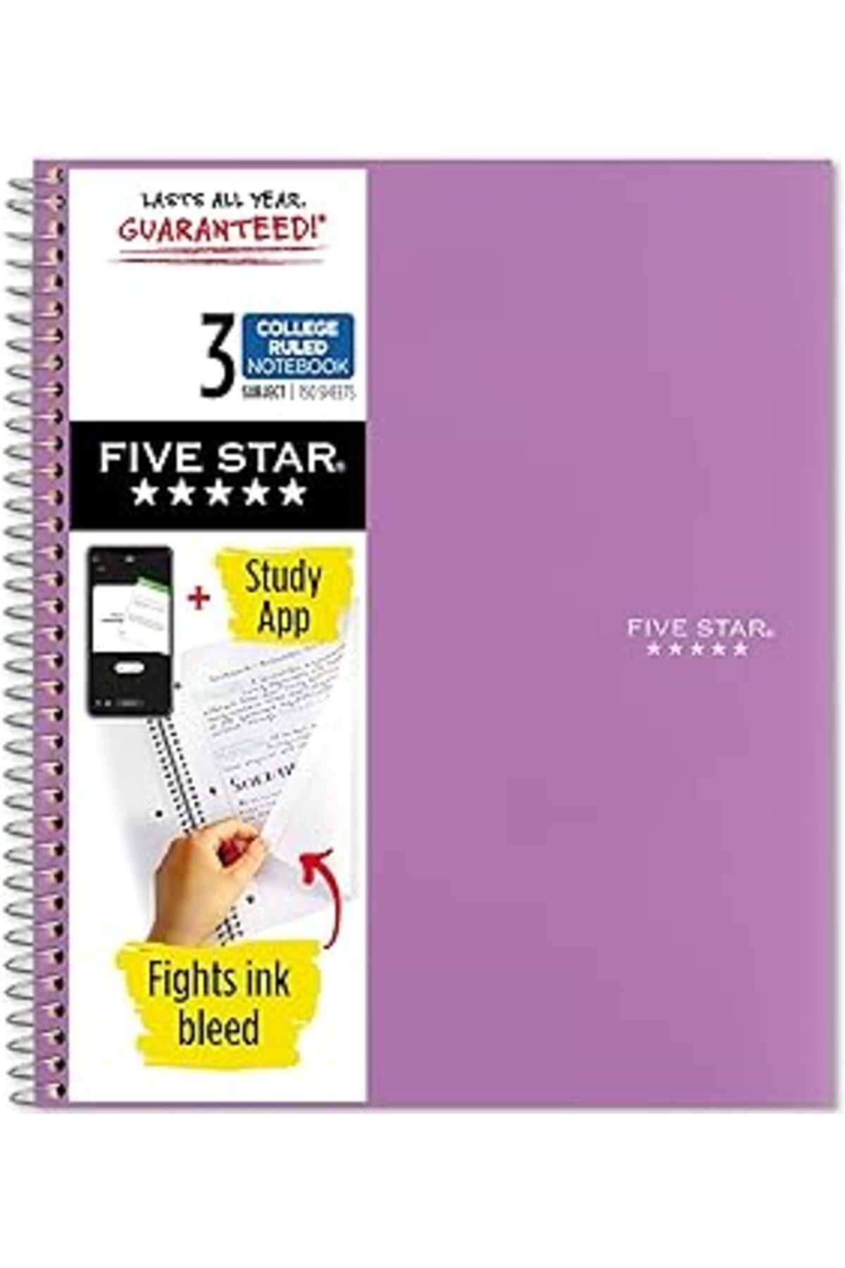 Pazarcan Five Star Spiral Notebook, 3 Subject, College Ruled Paper, 150 Sayfa, 11" X 8-1/2, Mor (38746)