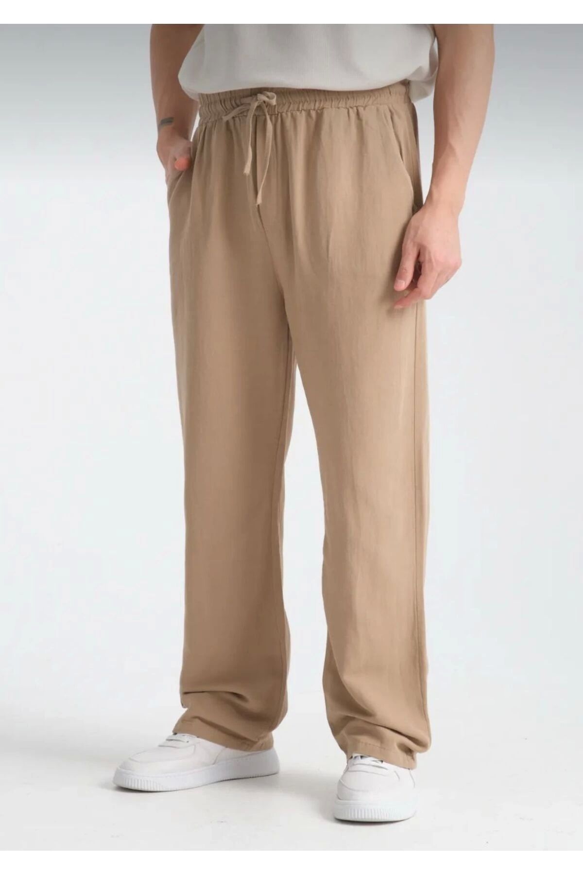 LC Waikiki LCWAIKIKI Yeni Sezon Beli Lastikli Bol Paça Baggy Erkek Keten Yazlık Pantolon