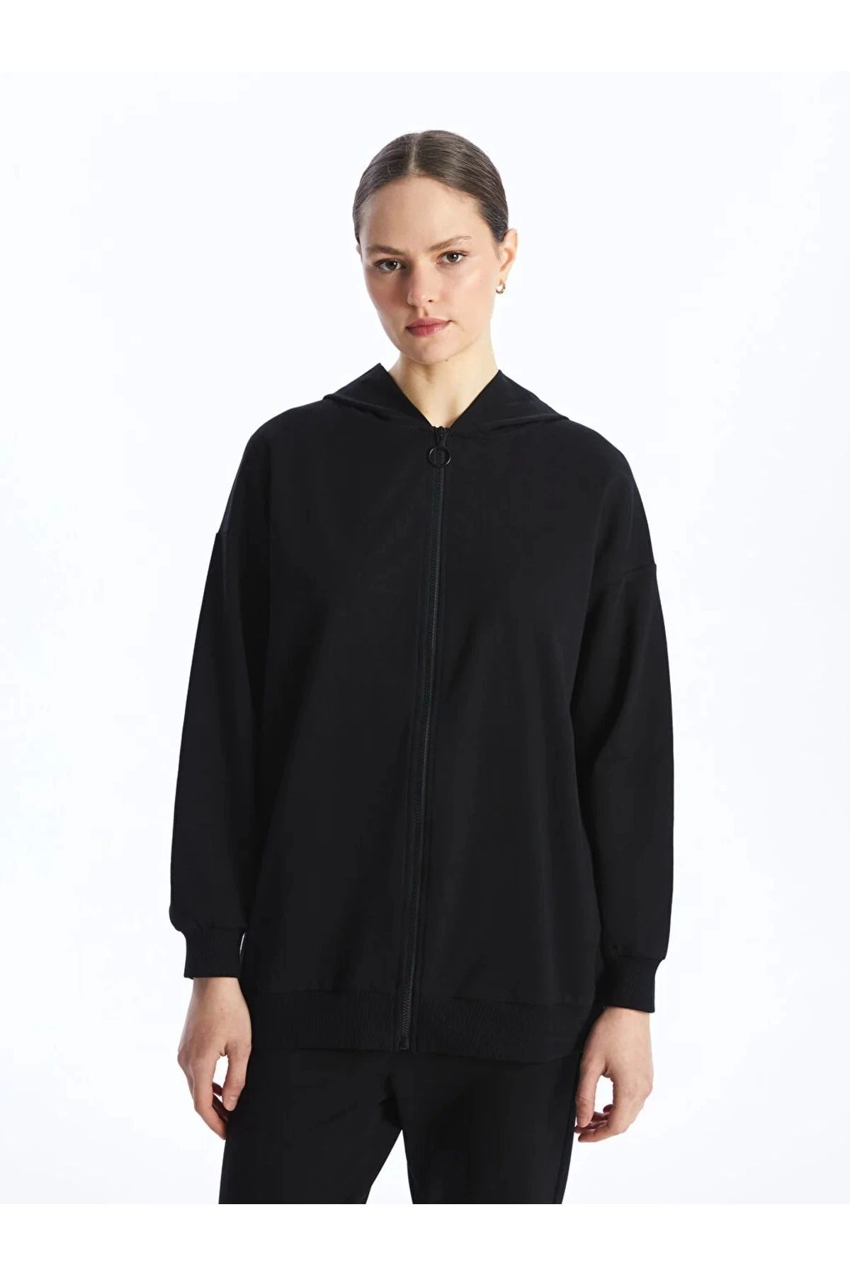 LC Waikiki LCWAIKIKI Modest Kapüşonlu Düz Uzun Kollu Kadın Fermuarlı Sweatshirt