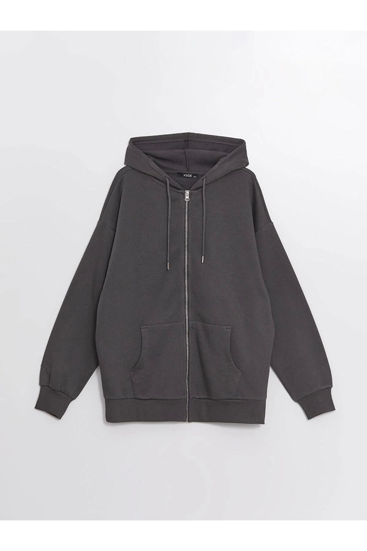 LC Waikiki LCWAIKIKI XSIDE Kapüşonlu Düz Uzun Kollu Oversize Kadın Fermuarlı Sweatshirt