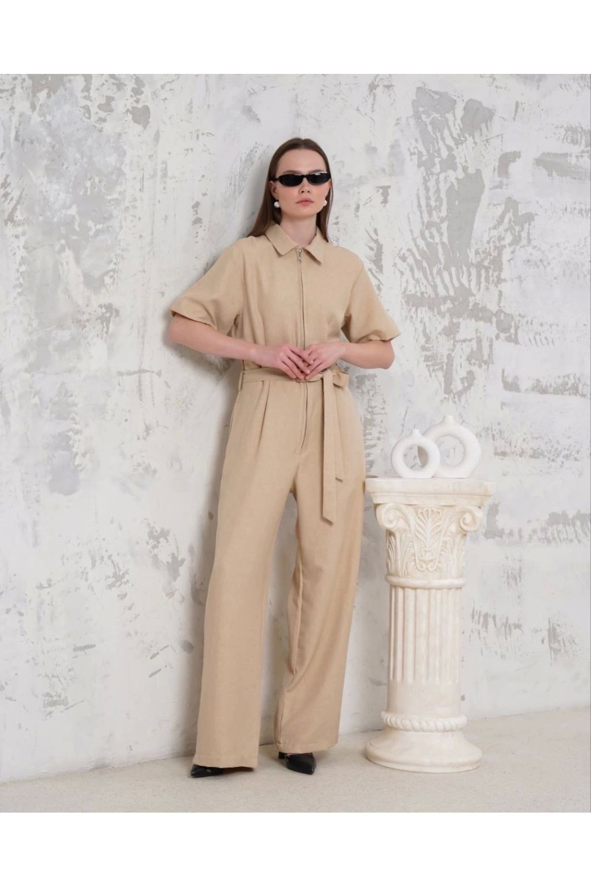 ufukmoda Kuşaklı gömlek yaka salaş tulum bej s255822