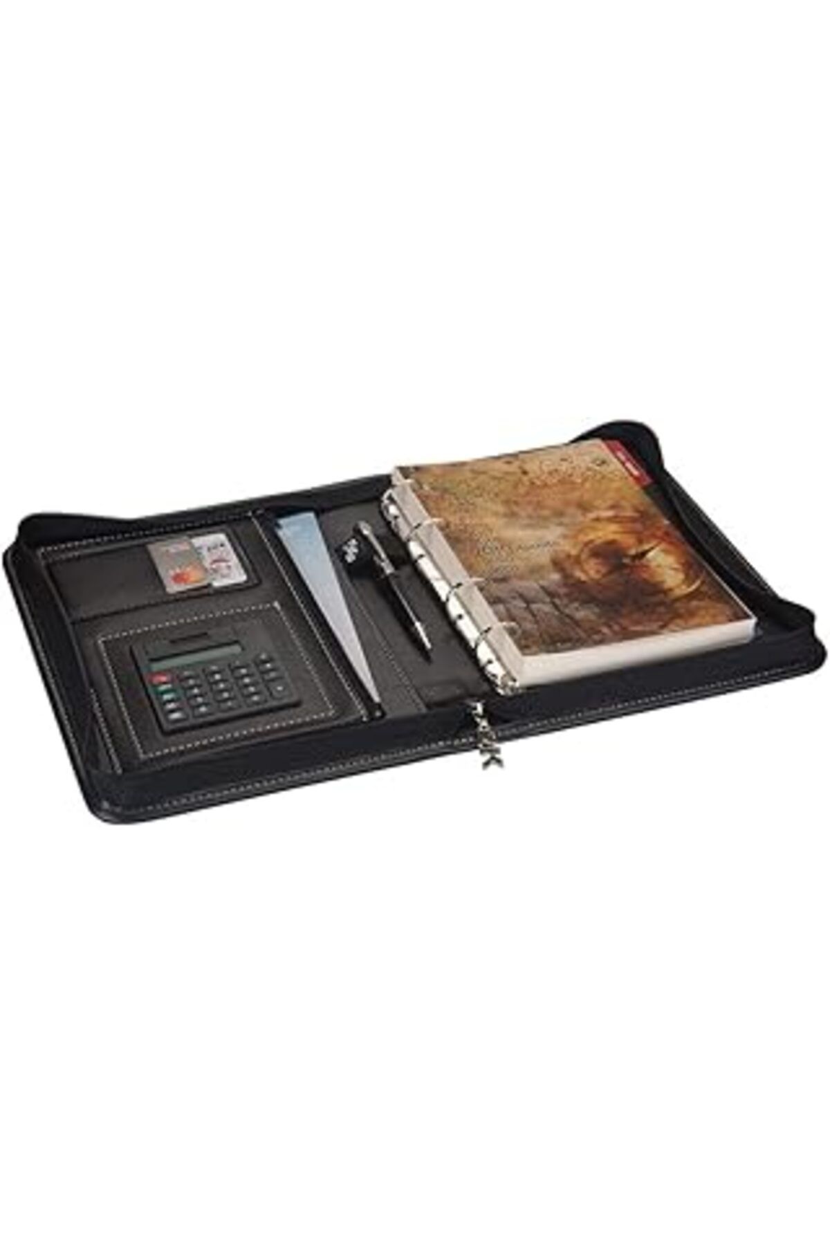 Pazarcan 2K 2025 Ajanda Suni Deri Fermuarlı 4 Halka Mekanizmalı Hesap Makineli Organizer, Siyah, 21X27 Cm