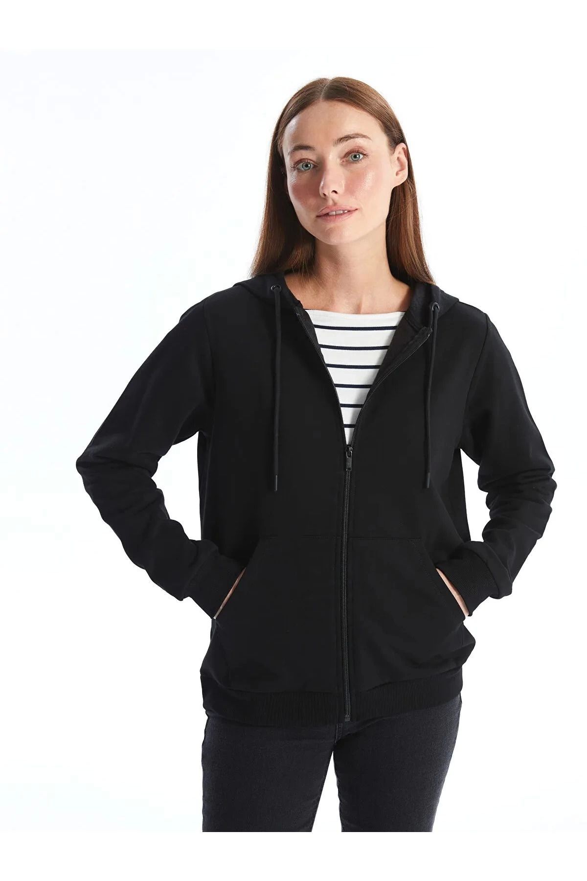 LC Waikiki LCWAIKIKI Basic Kırmızı Kapüşonlu Düz Uzun Kollu Kadın Fermuarlı Sweatshirt