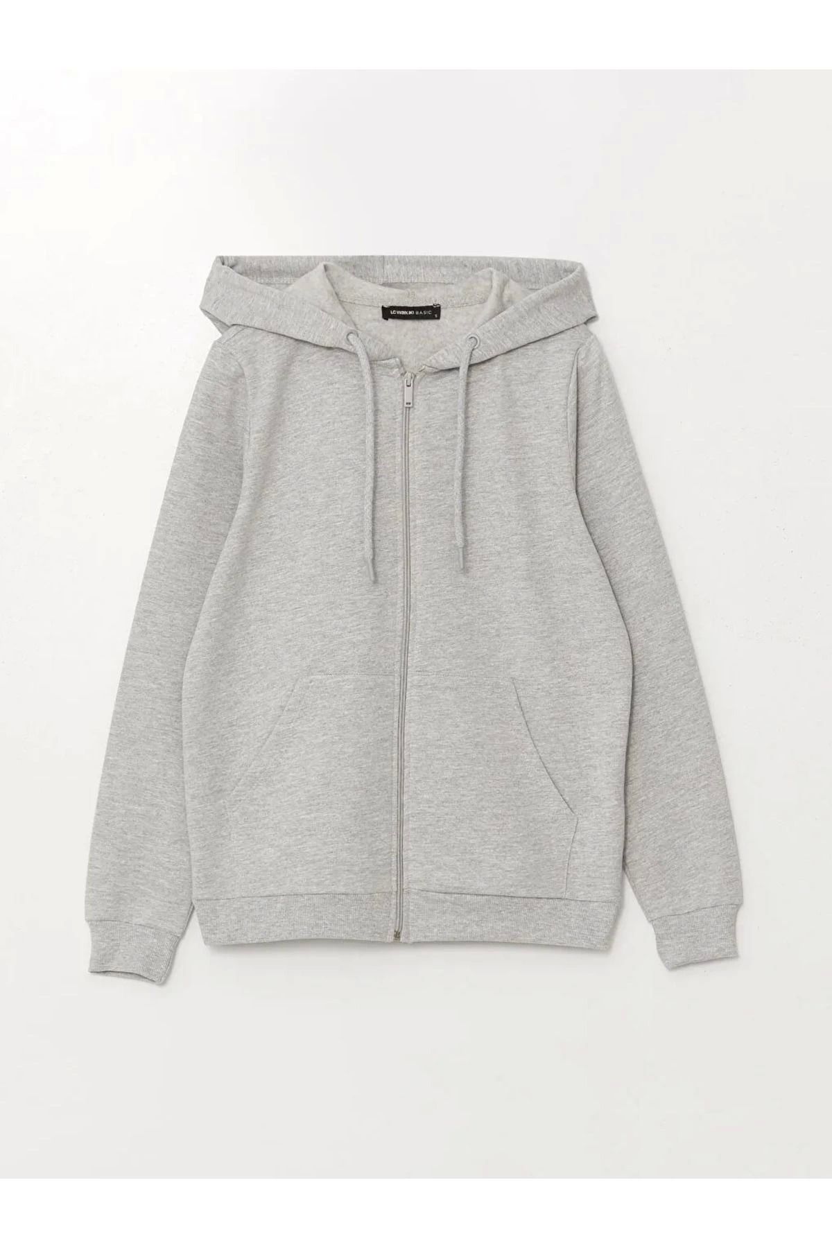 LC Waikiki LCWAIKIKI Basic Gri Melanj Kapüşonlu Düz Uzun Kollu Kadın Fermuarlı Sweatshirt