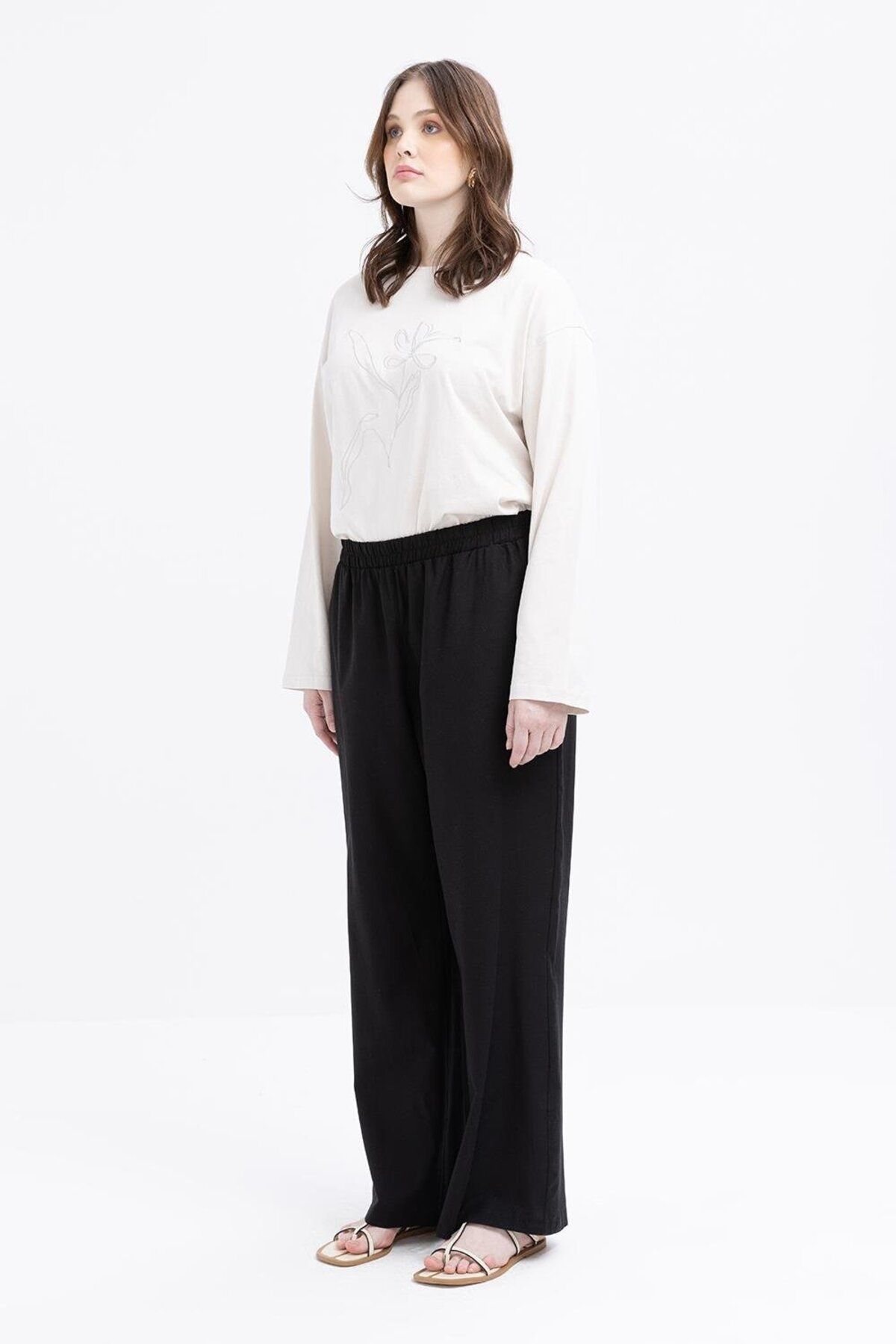 ALLDAY-Black-Large Size Wide Leg Linen Trousers with Elastic Waist 2
