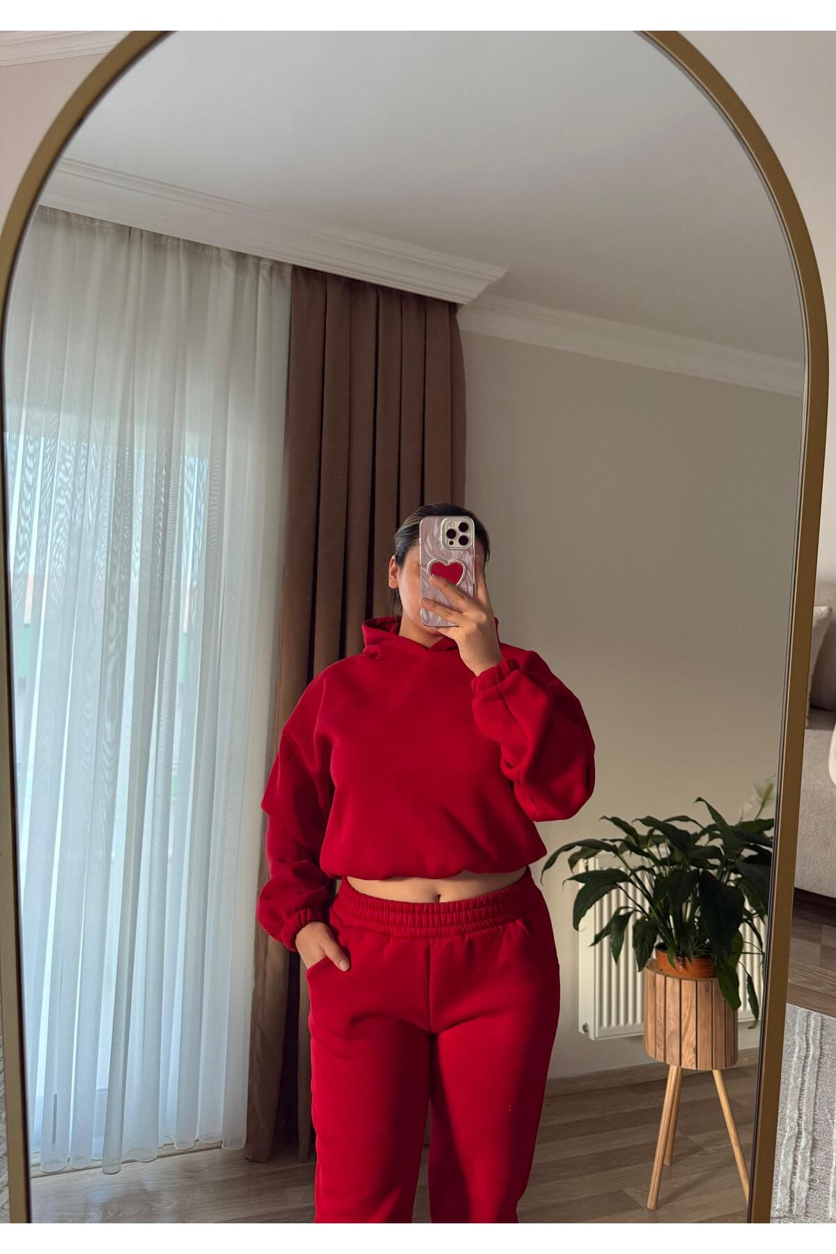 ZEYMA MODA CROP TAKIM KAPÜŞONLU ÜÇ İPLİK KALIN POLARLI EŞOFMAN TAKIMI