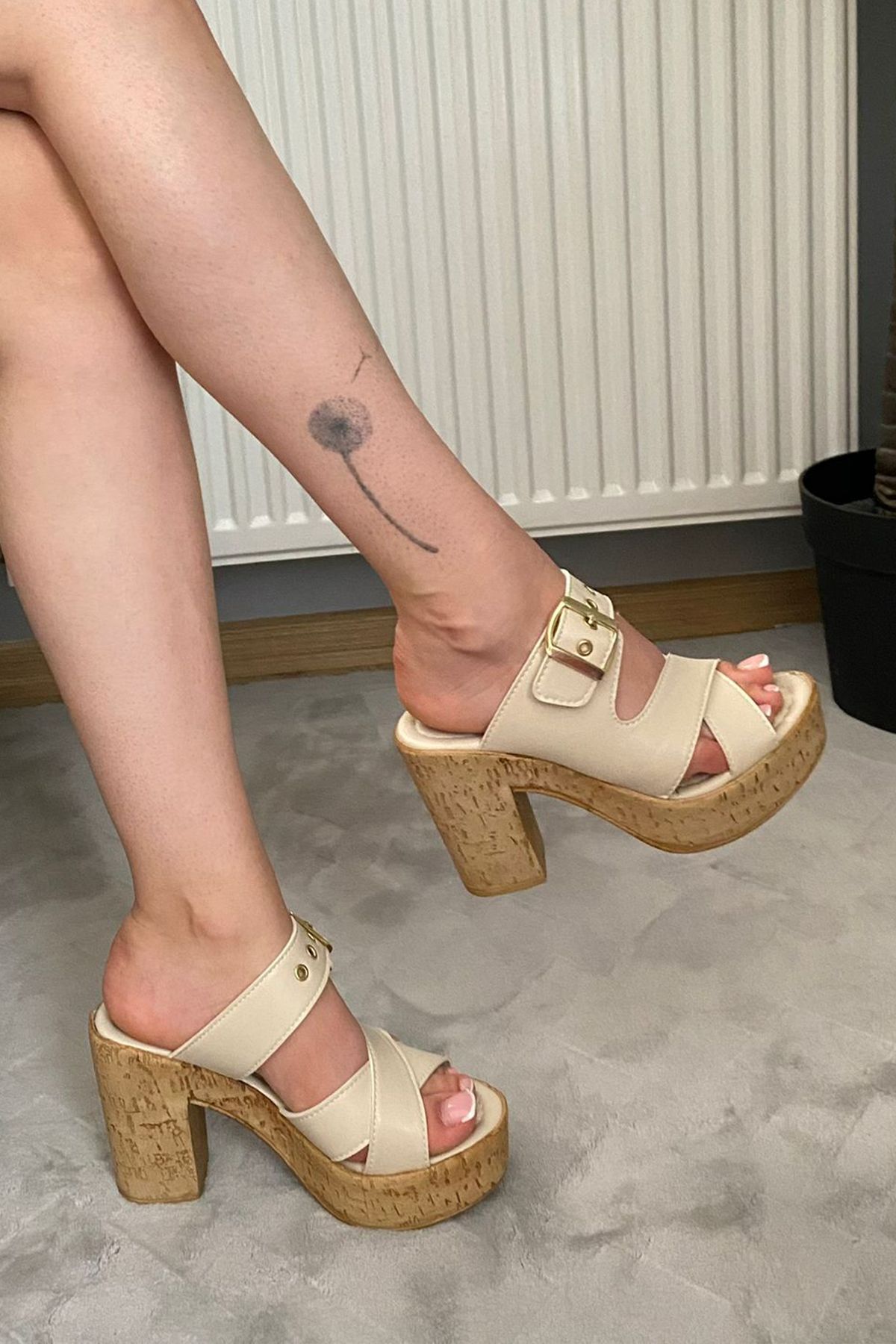 Preshley-Women's Maya Cream Skin Buckle Tetayli 10 cm Platform Heeled Cork Sole Slippers K-800 6