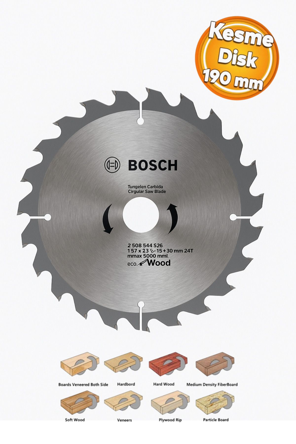 Bosch Ahşap Mdf Mobilya Tahta Sunta Dolap Kesme Testeresi Metal Elmas Testere 190 mm 24 Diş.