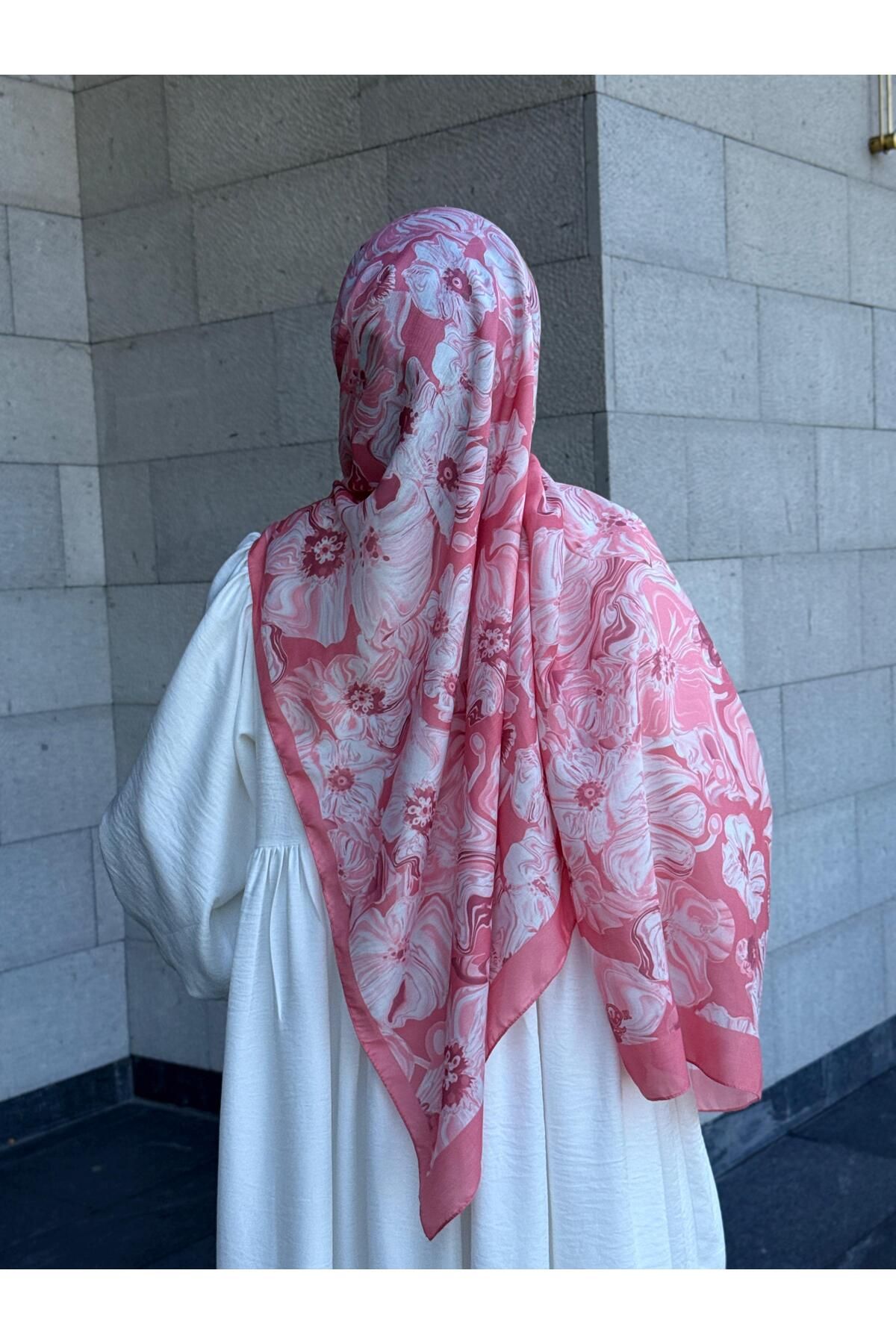 Qalortex Scarf Pamuklu Mimoza Desen Şal-Mercan