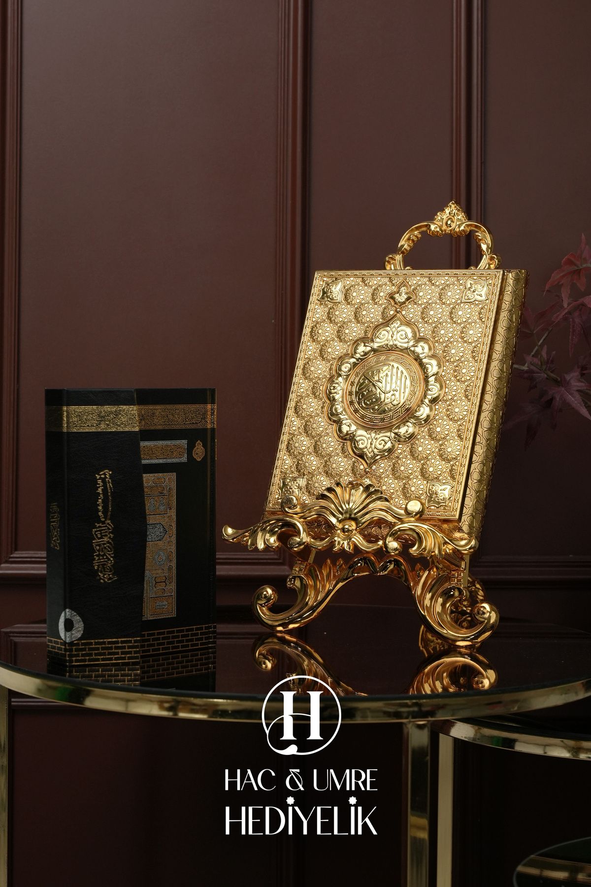 Hac Umre Hediyelik Kuran Standı ve Kuranı Kerim | Lüks Dekoratif Kuran Kabı ve Kuran Seti | Gold Kuran Muhafazası Seti