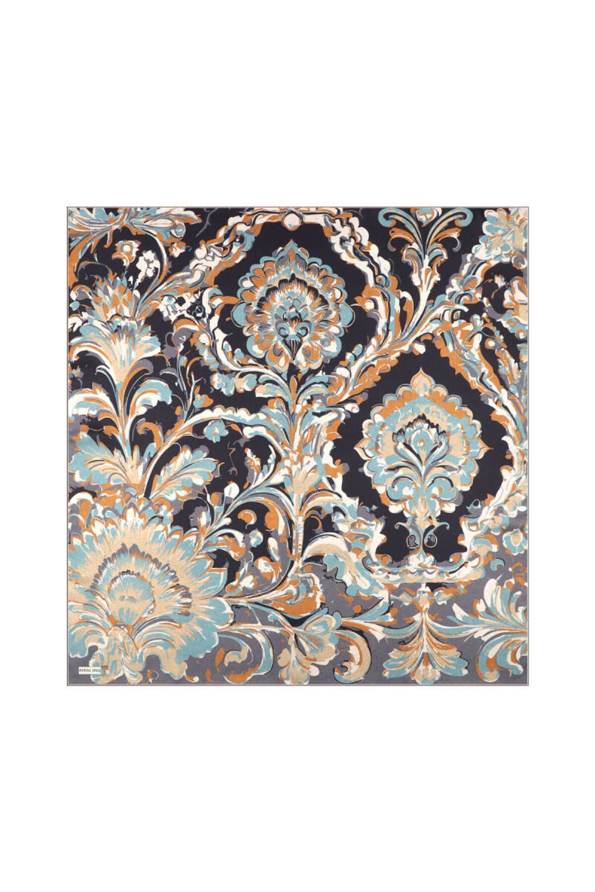 Bursa İpek Siyah Flower Desen Twill İpek Eşarp