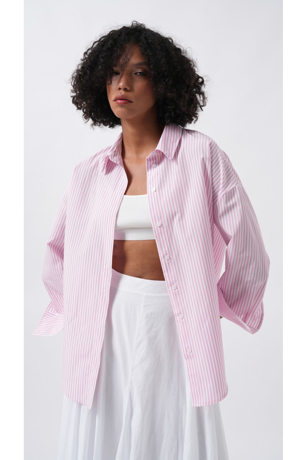 Black Fashion Çizgili Basic Pembe Gömlek