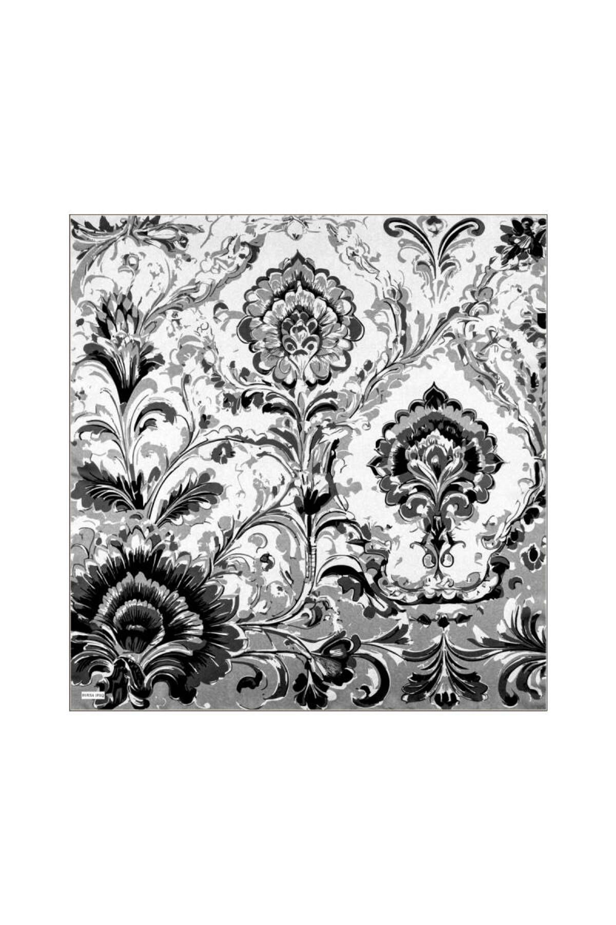 Bursa İpek Gri Flower Desen Twill İpek Eşarp