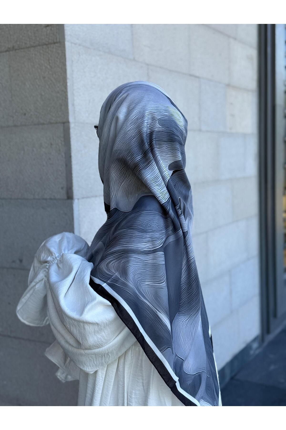 Qalortex Scarf Pamuklu Amber Desen Eşarp-Siyah/Beyaz