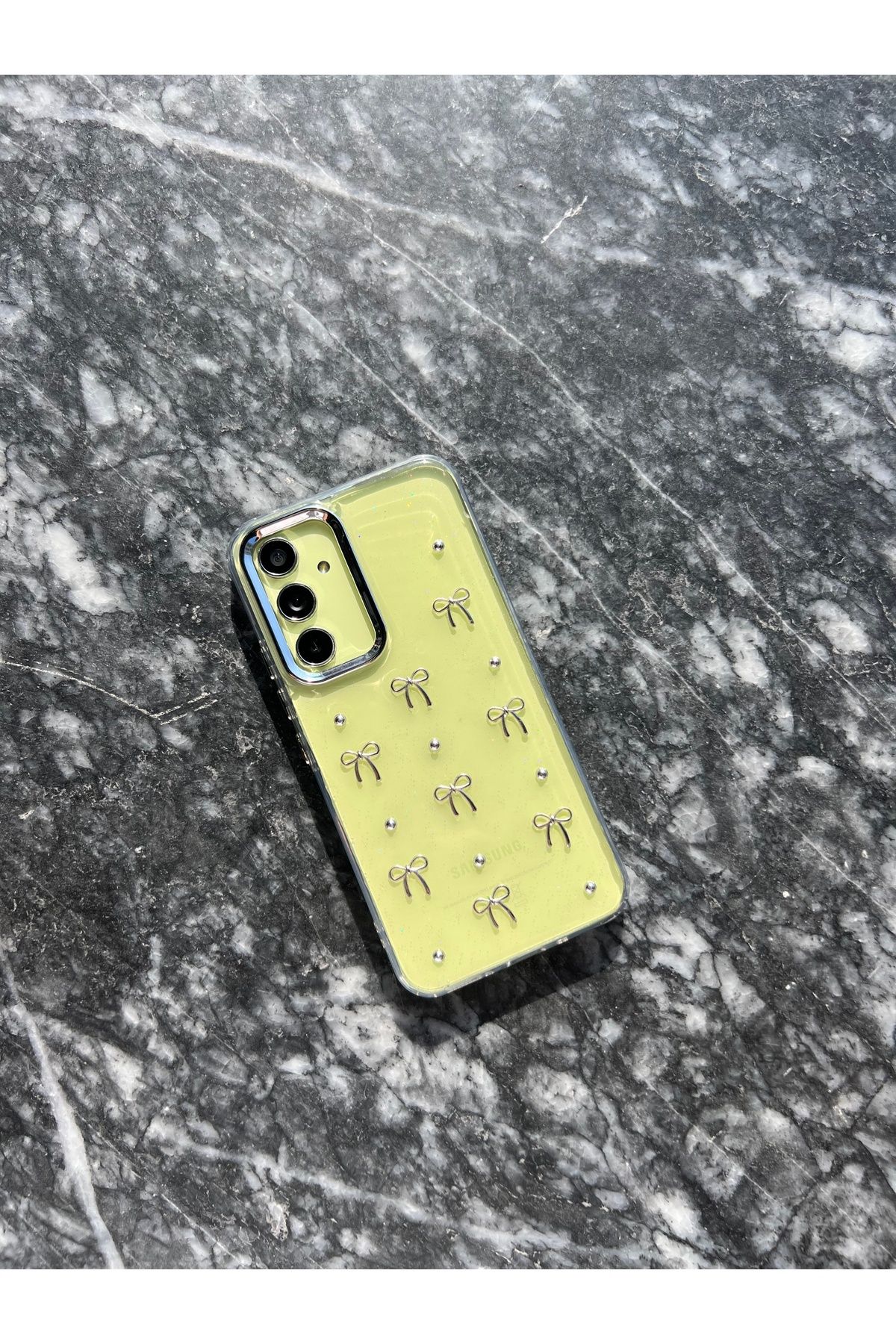 MustCase Samsung Galaxy A34 Kılıf Fiyonk Desenli Şeffaf Kılıf Simli Parlak Kapak