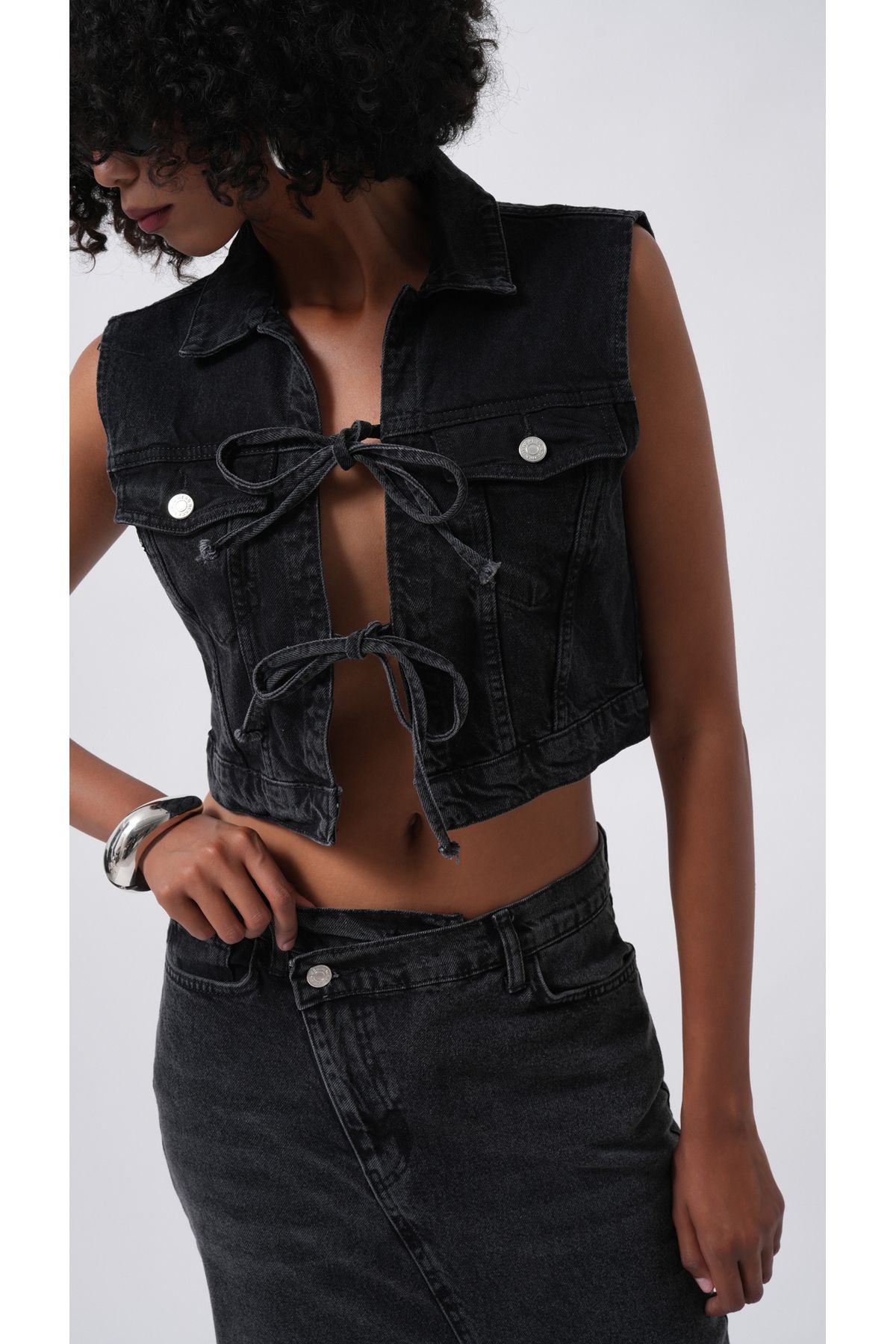 Black Fashion Bağlama Detay Denim Siyah Yelek