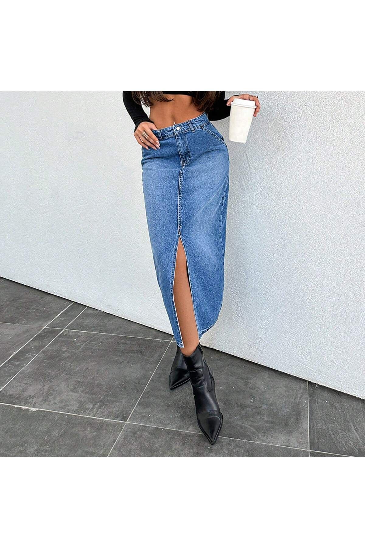 Dema Yüksek Bel Yırtmaçlı Pamuklu Denim Etek