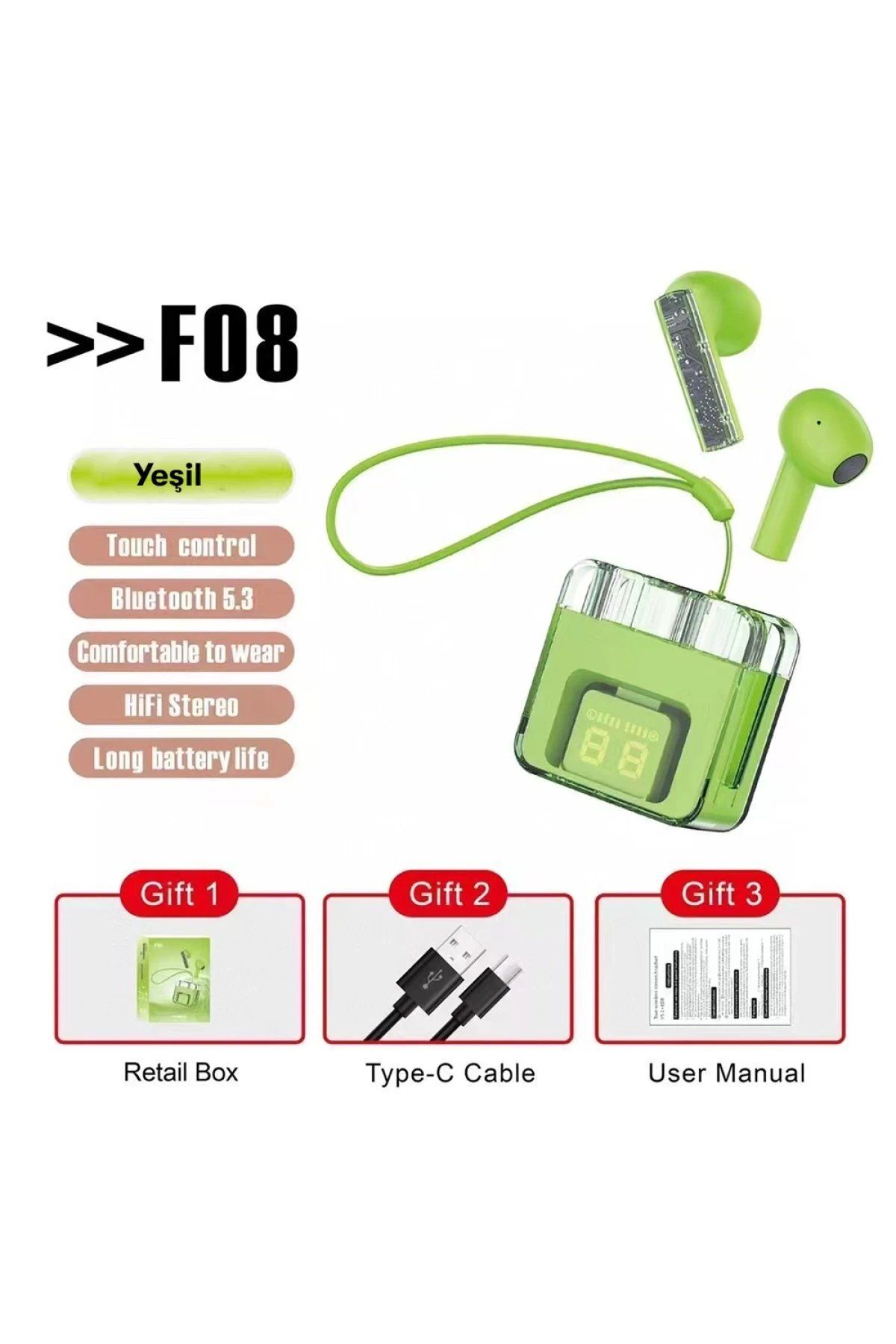 Toptan Bulurum Karler Bass F08 Dijital Şarj Göstergeli TWS Bluetooth Kulaklık - Yeşil