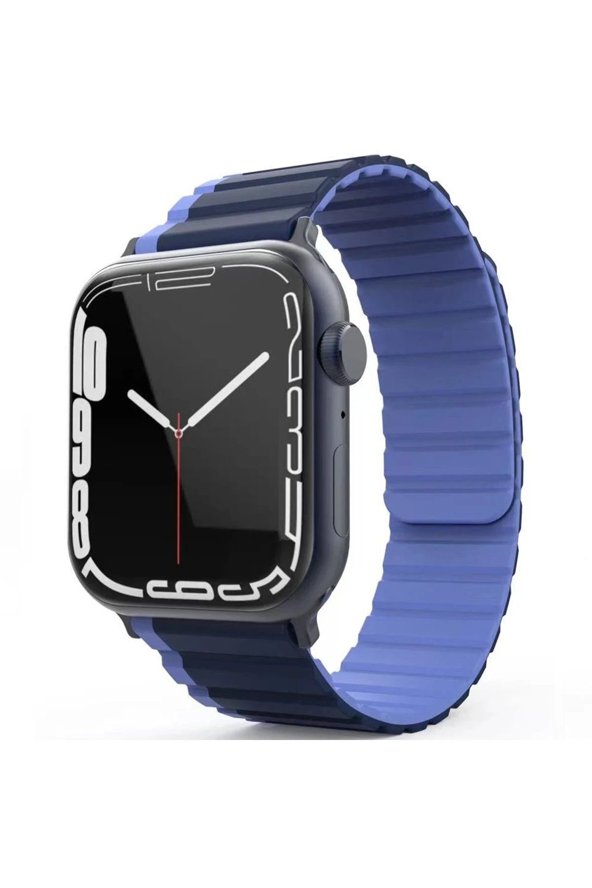 CepteToptan Movenchy Apple Watch 42mm MO-WB1 Çift Renk Mıknatıslı Silikon Kordon - Lacivert-Mavi