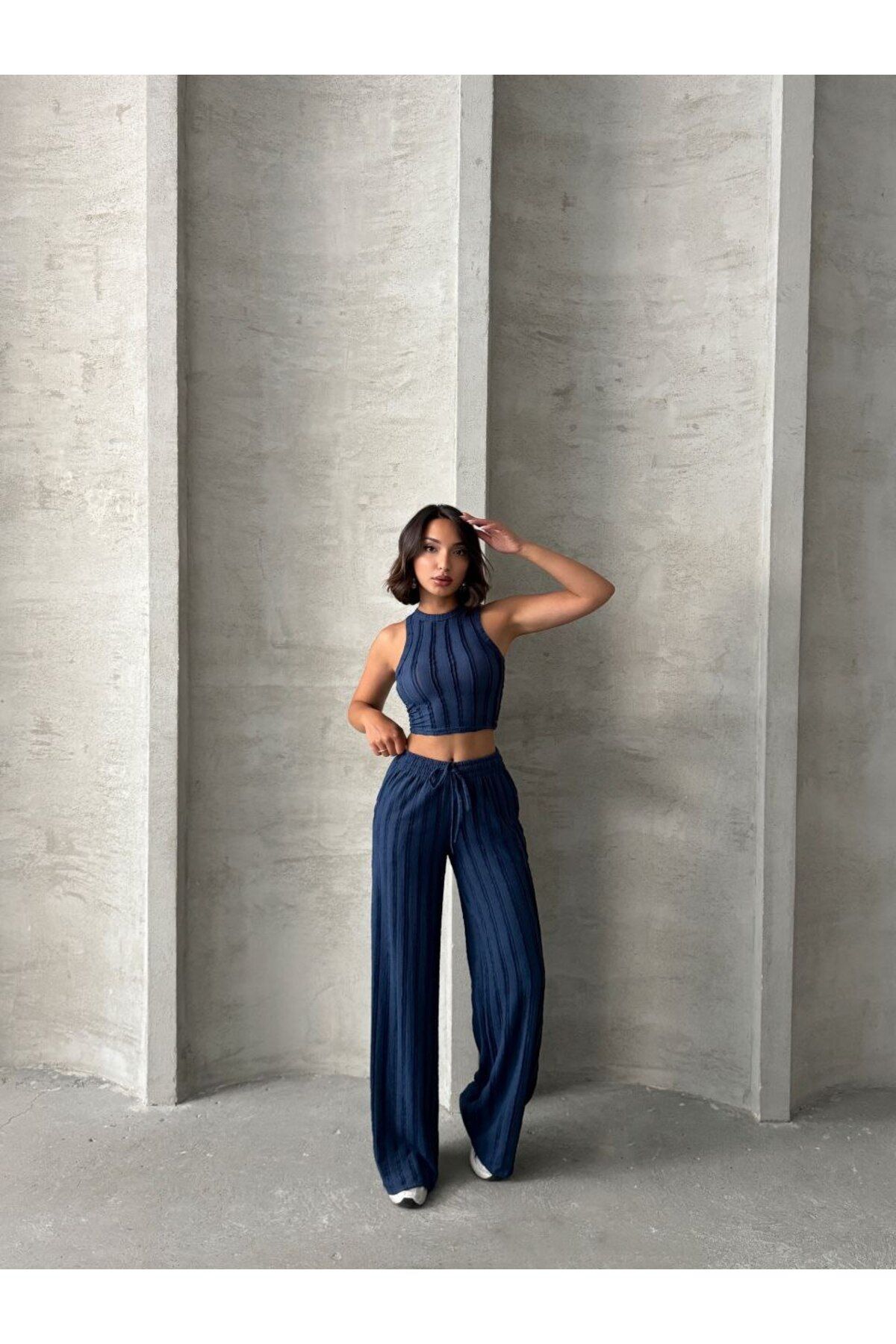 sencicollection Çizgi Detaylı Premium Kalite Pantolon Crop Takım