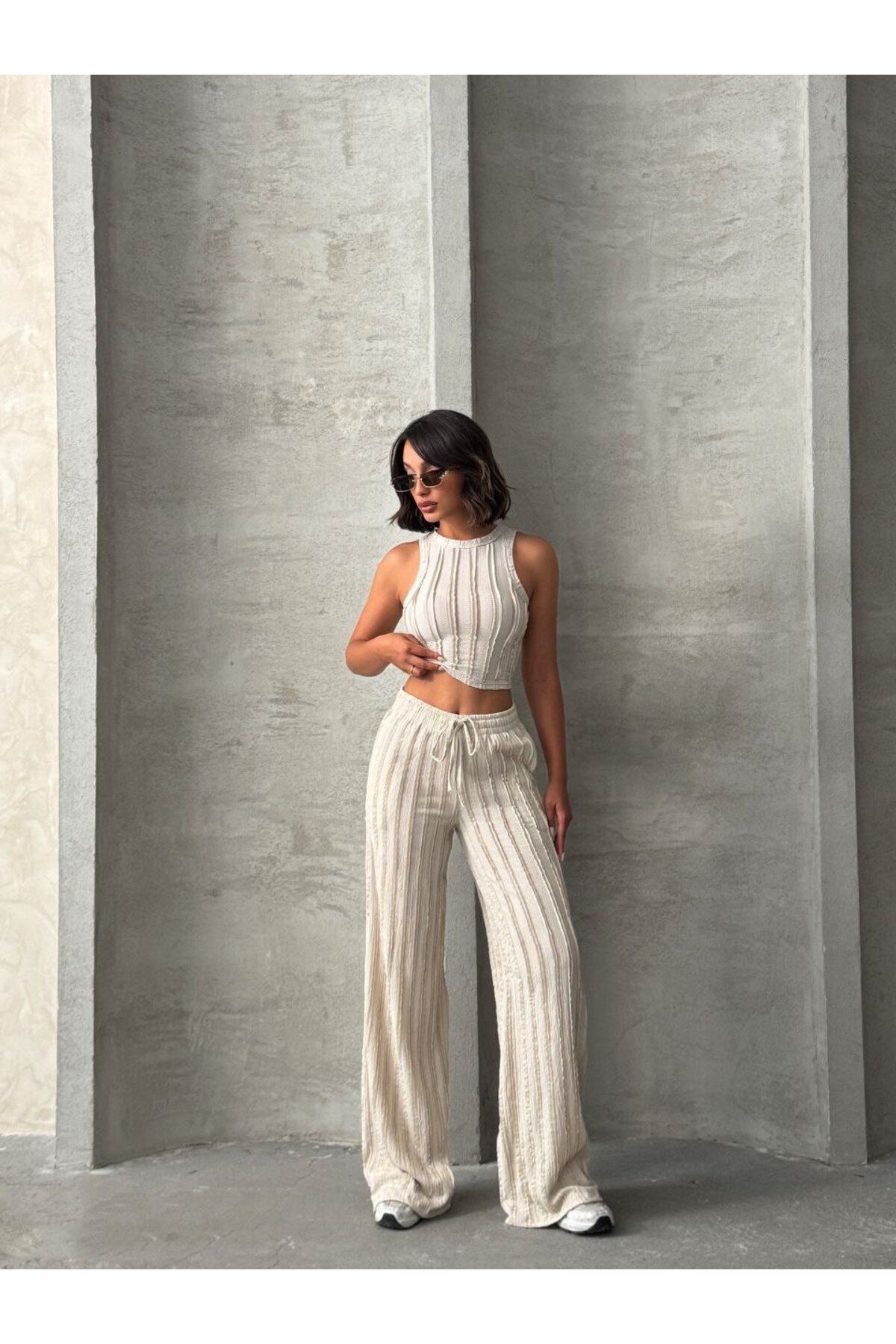 sencicollection Çizgi Detaylı Premium Kalite Pantolon Crop Takım