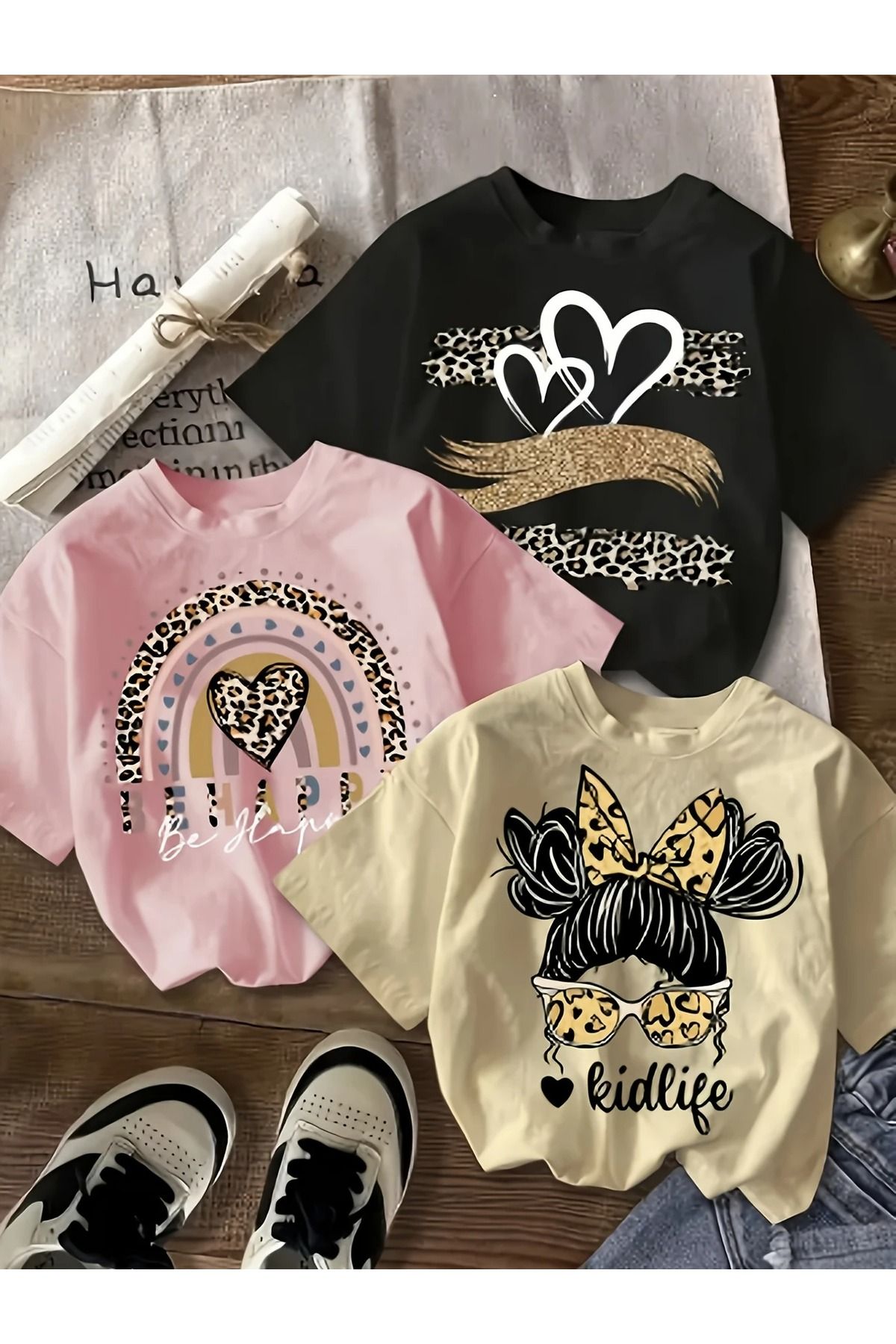 Renna Mood Kız Çocuk 3`lü Paket Kidlige Gözlük Baskılı Penye T-shirt