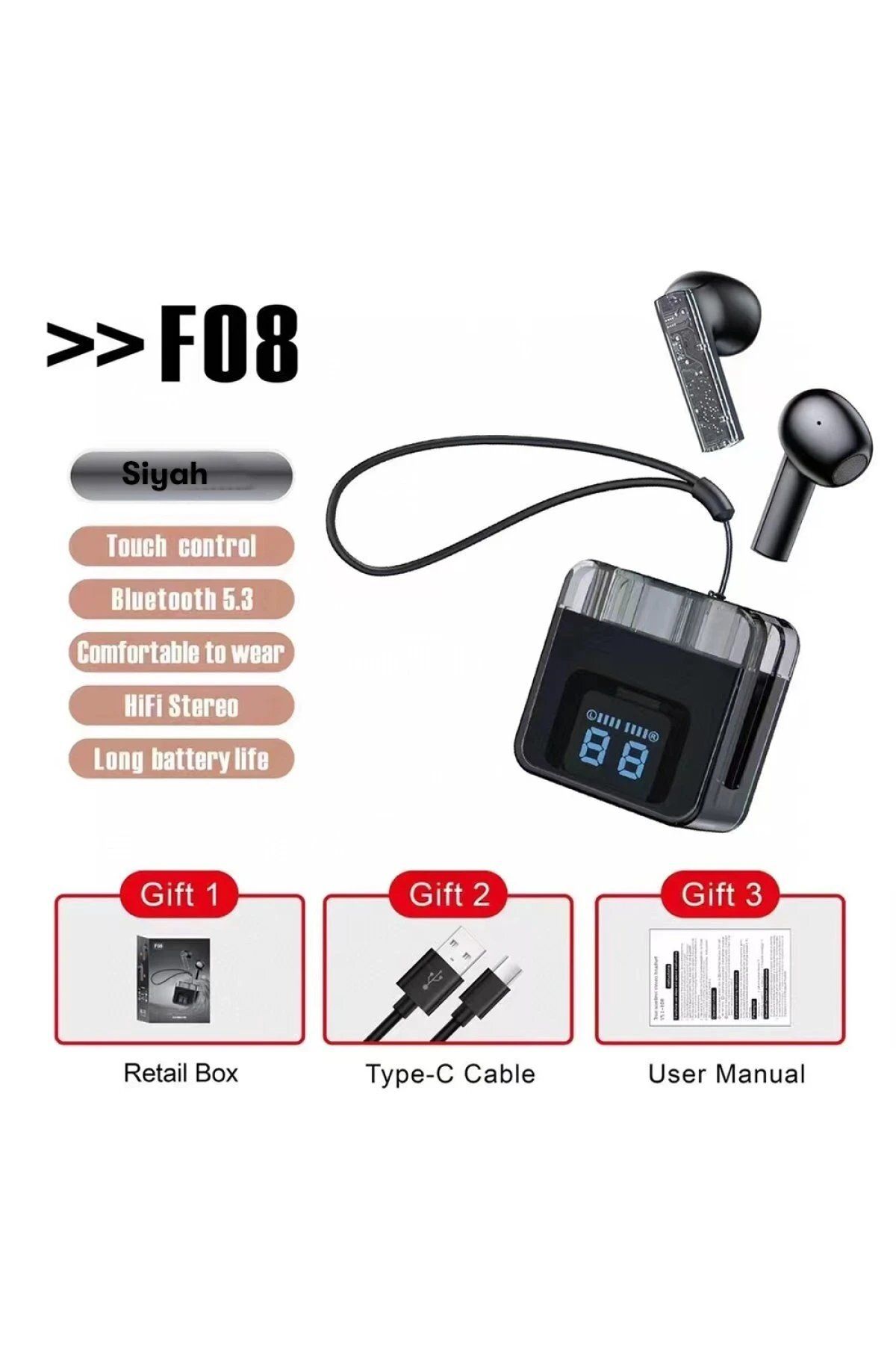 ENEFENDİ Karler Bass F08 Dijital Şarj Göstergeli TWS Bluetooth Kulaklık - Siyah