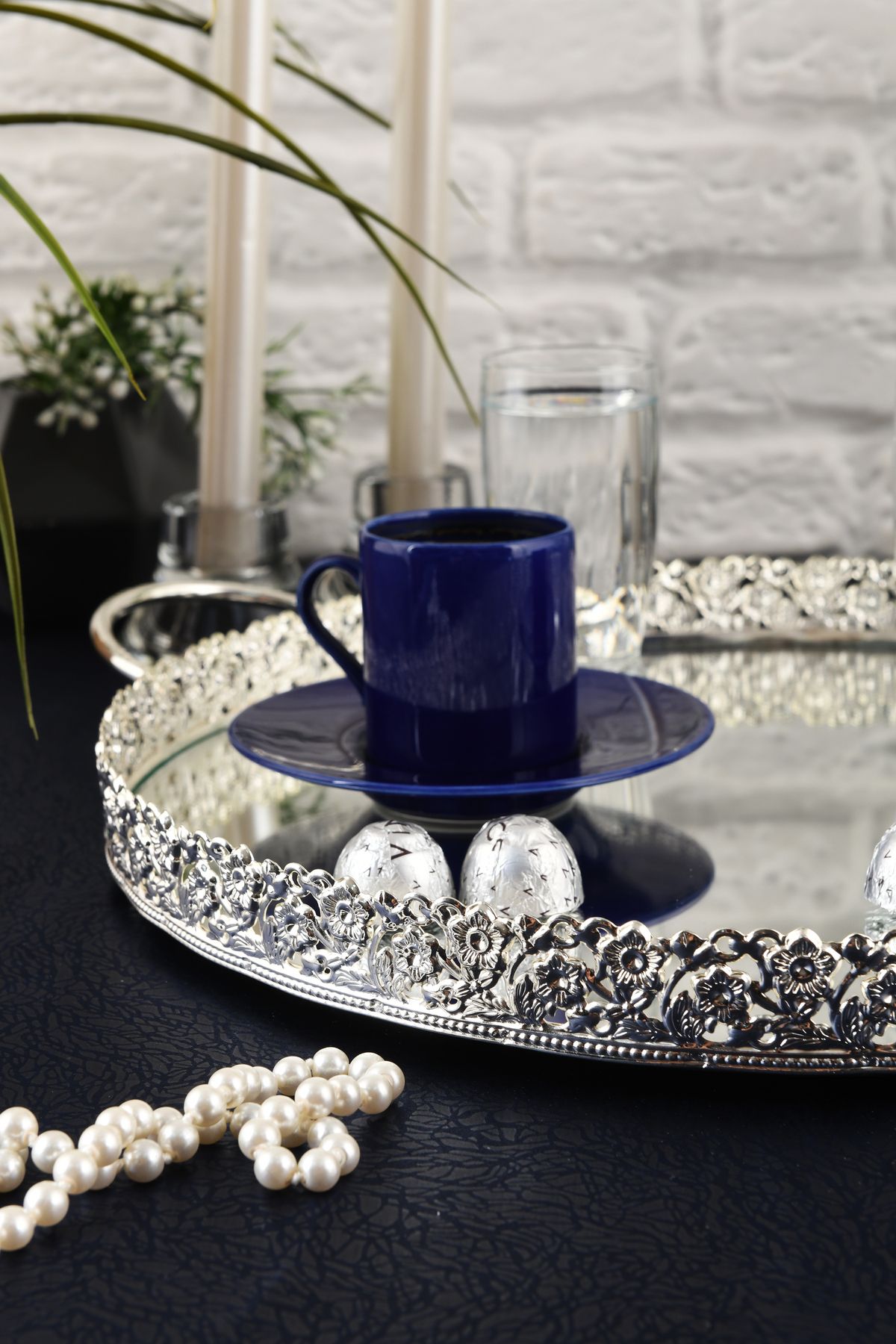 HELVACIOĞLU AKSESUAR-Coffee, Tea, Chocolate Presentation Tray with Mirror Handle 35 cm Silver 7