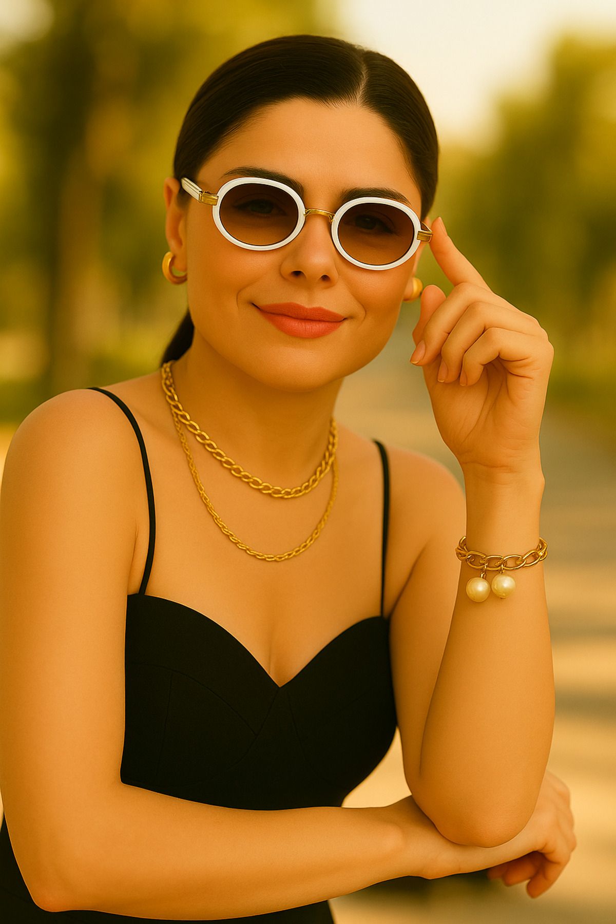 Merand Beyaz Oval Çerçeveli Gold Detaylı Kadın Güneş Gözlüğü