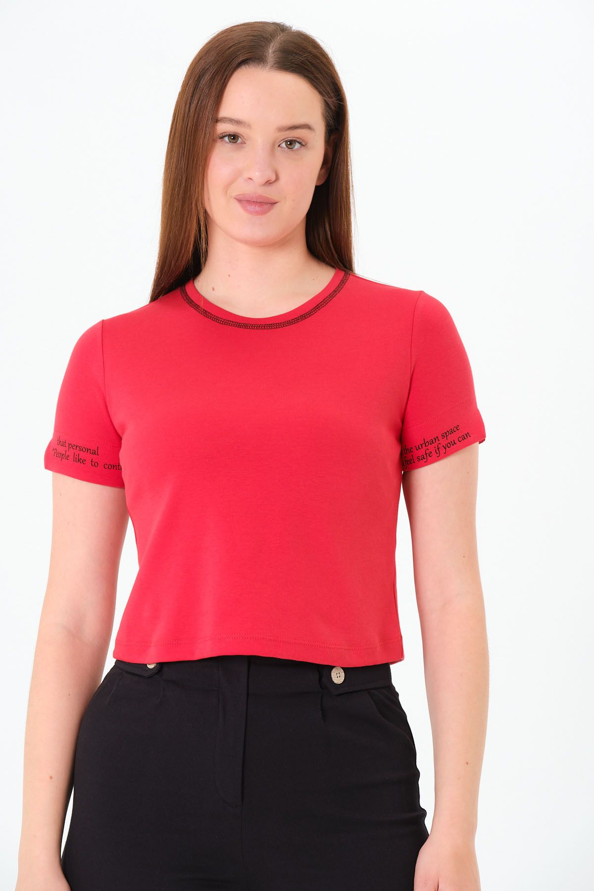 Sortie Collection Kadın Bisiklet Yaka Karyoka Dikişli Kısa Kollu Kırmızı Tişört T-Shirt