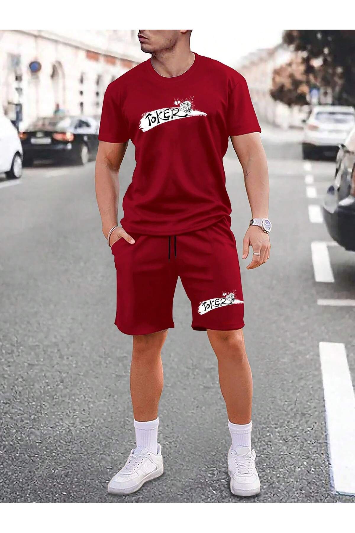 aynewmoda Erkek Grafik Harfli Tişört ve Bağcıklı Şort Takımı