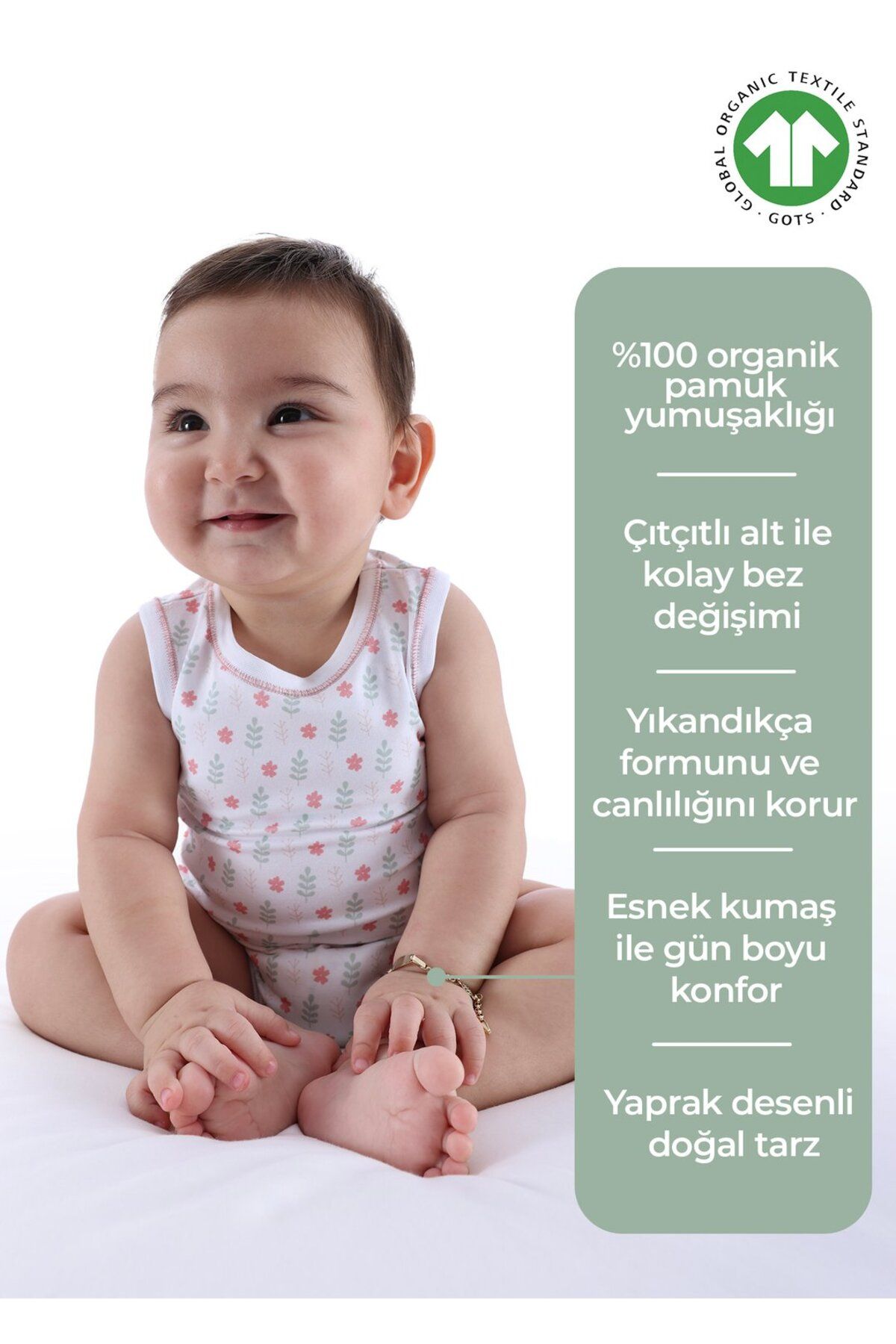 Ozmoz By Mukadder Özden Organik Yaprak Desenli Kız Bebek Atlet Body