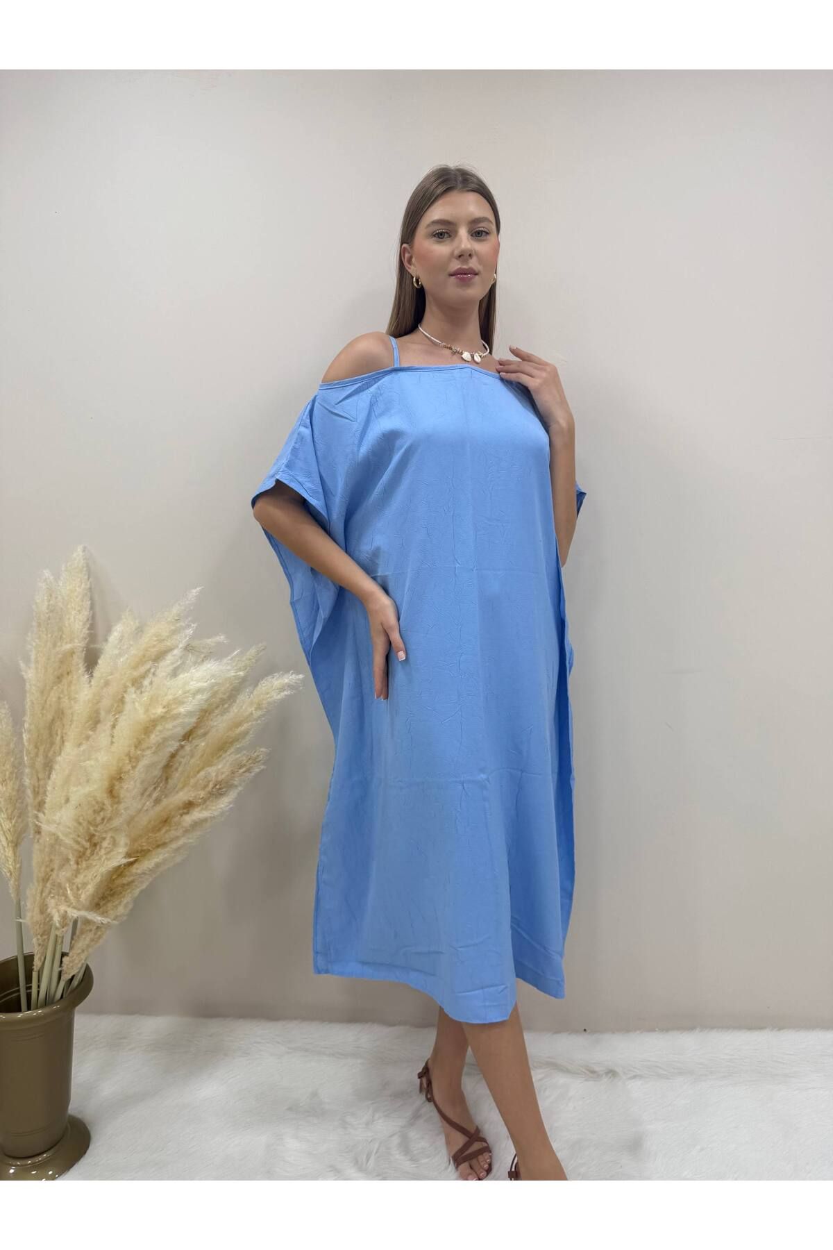 AsprinFashion ASKILI SALASH DETAY İTHAL ELBİSE MAVİ