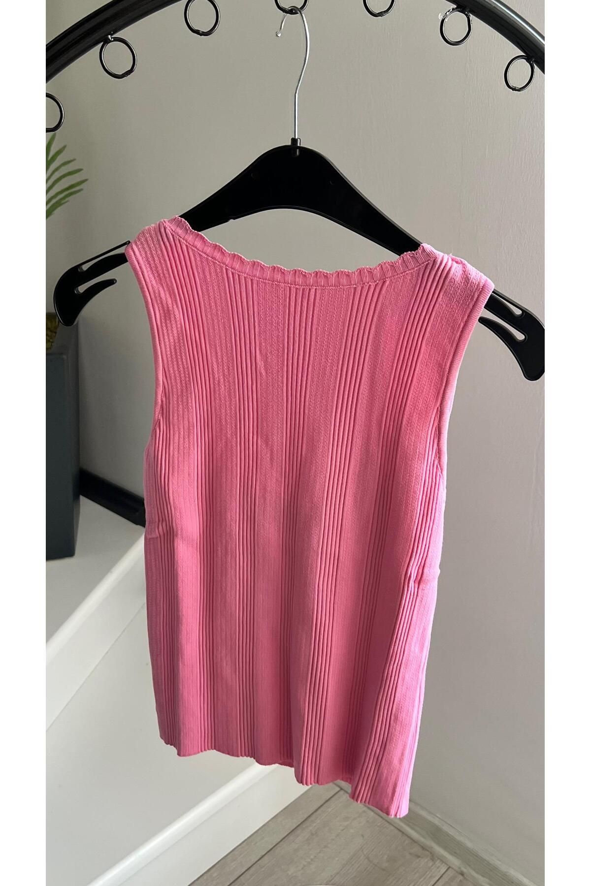 Oslove Pembe Kayık Yaka Triko Bluz